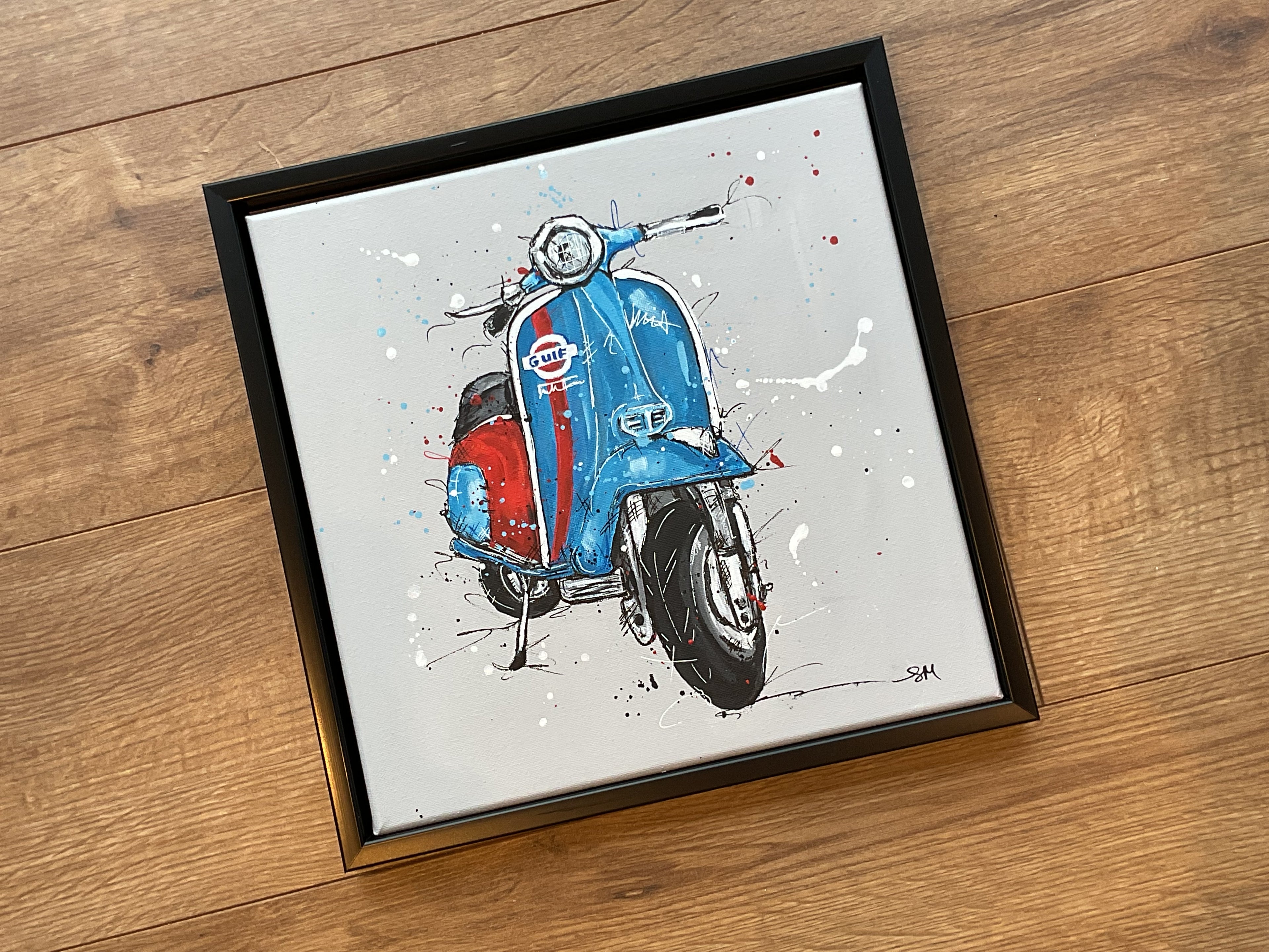 Original painting on canvas. Blue scooter in black 30cm frame
