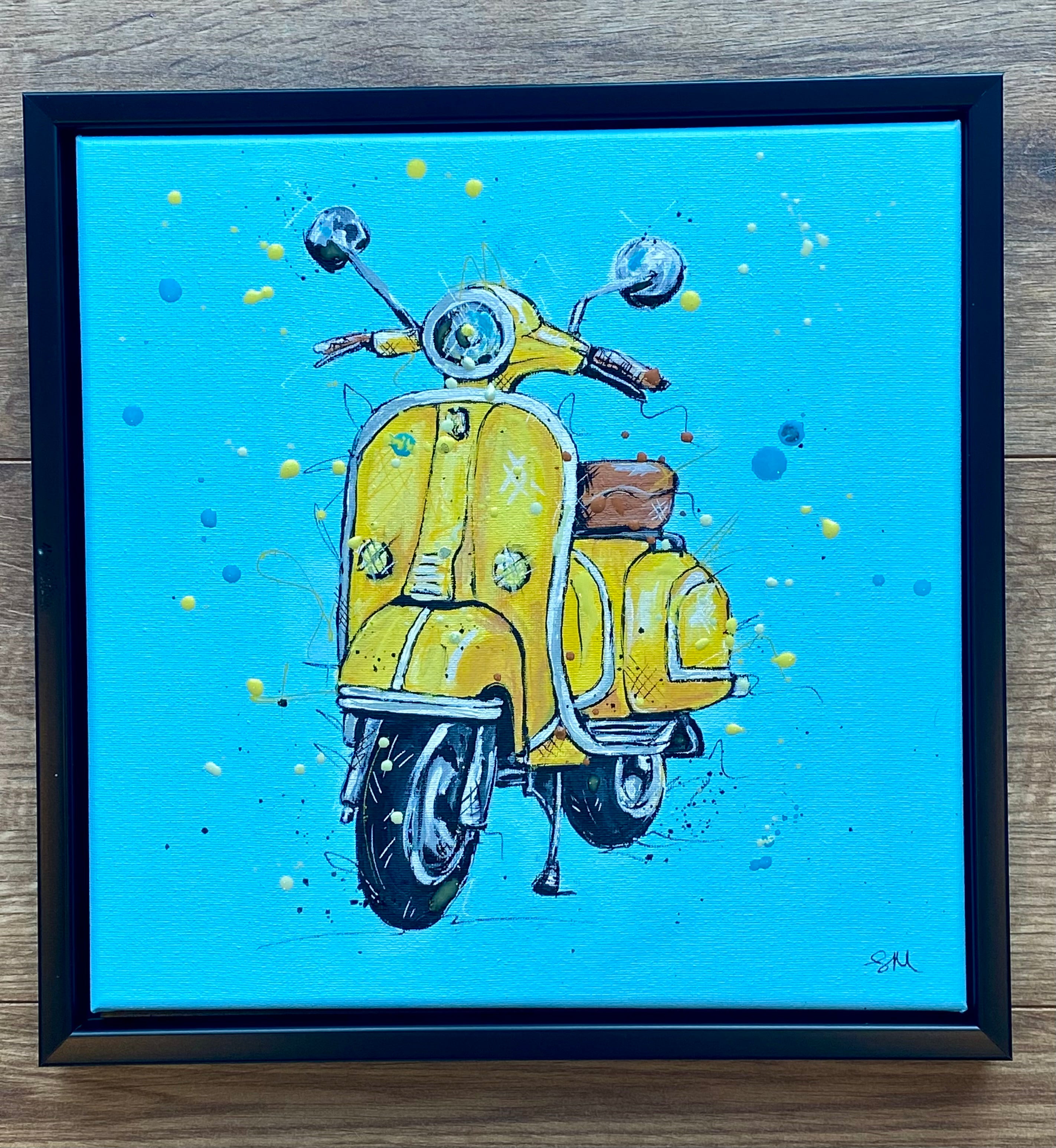 Yellow scooter original acrylic painting in black 30x30cm frame