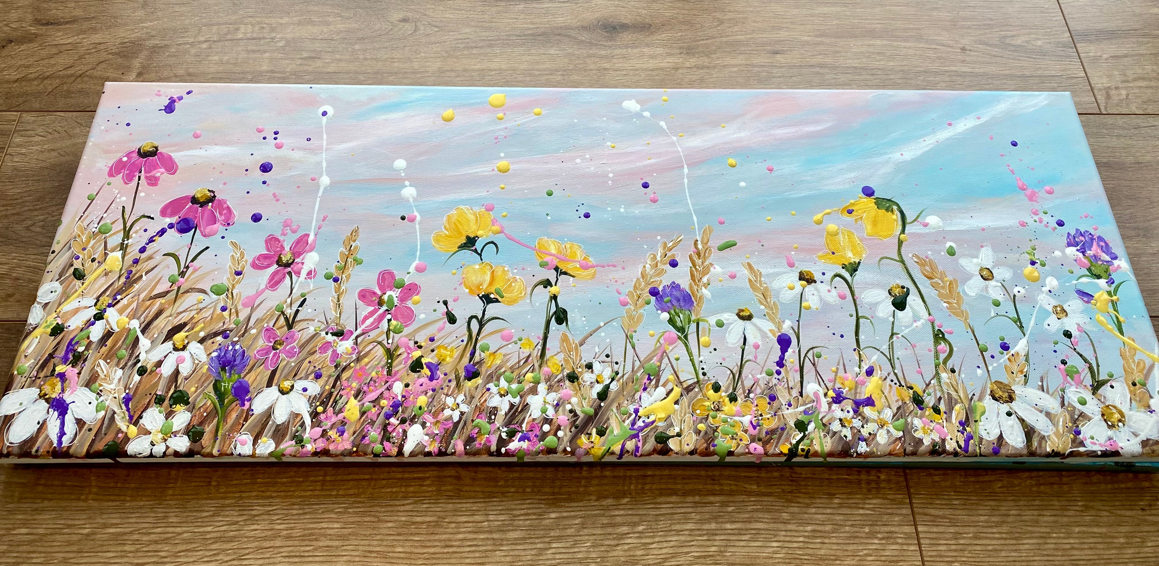 Splattery floral meadow original painting on 30x80cm canvas