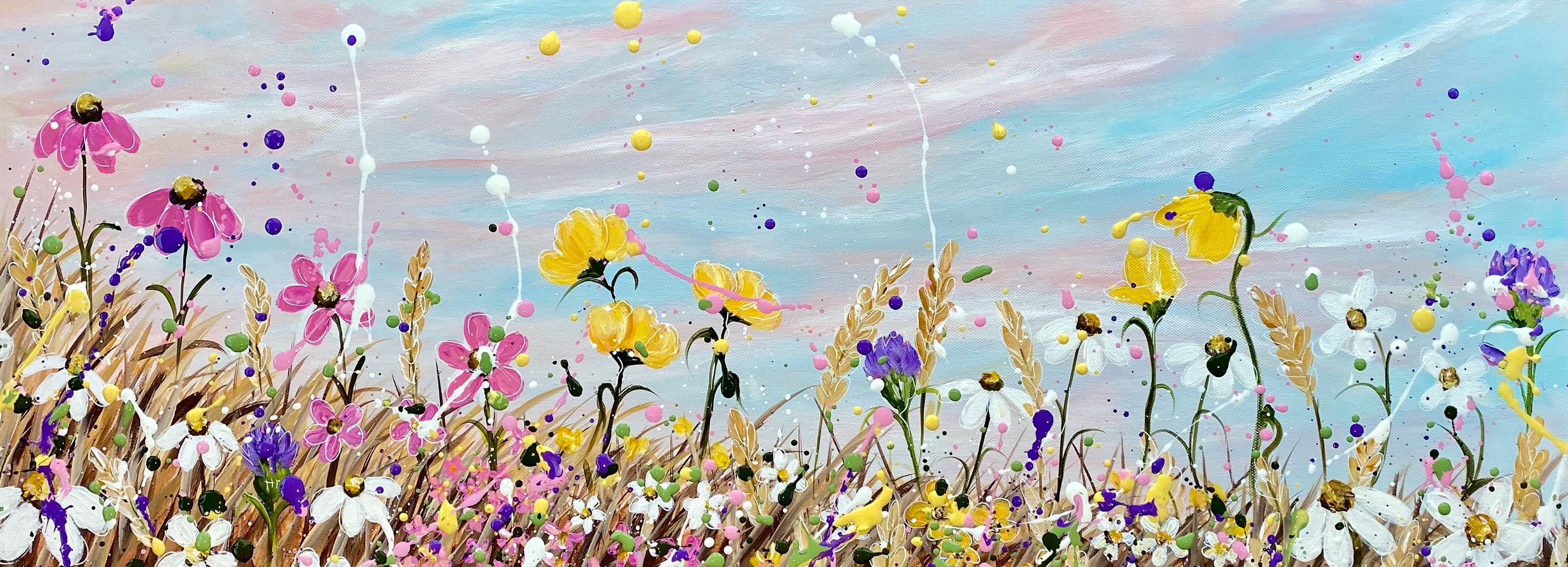 Splattery floral meadow original painting on 30x80cm canvas