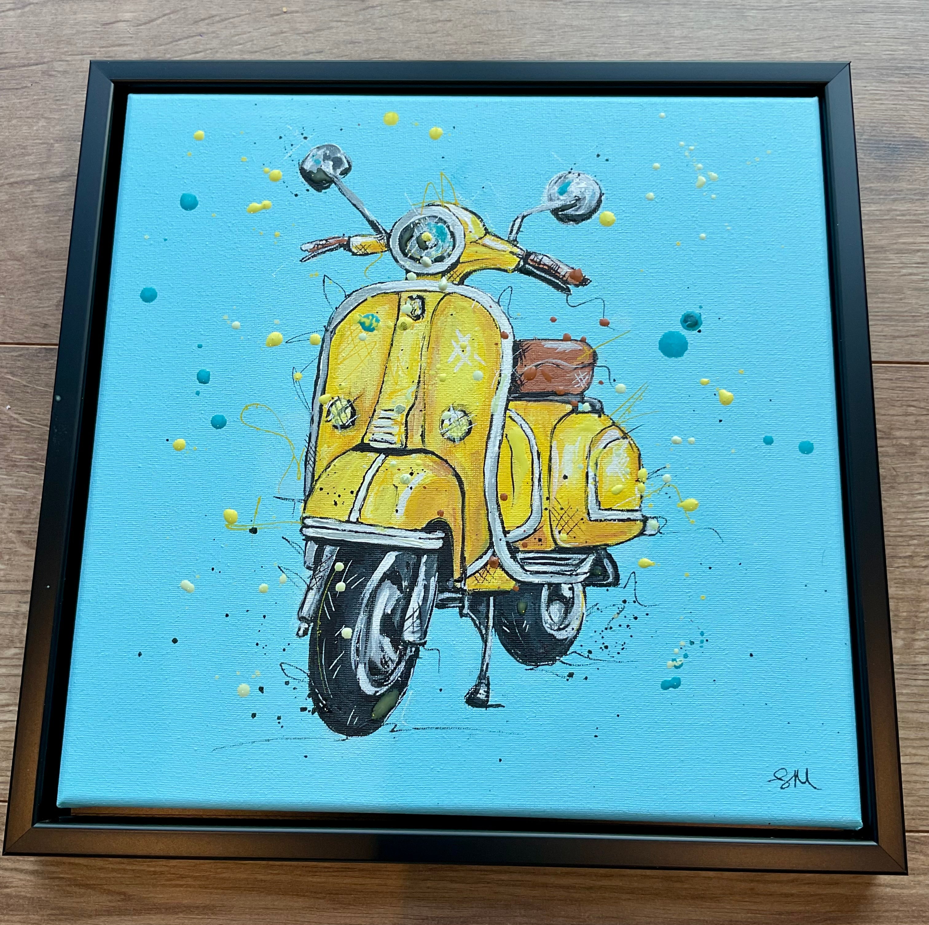 Yellow scooter original acrylic painting in black 30x30cm frame