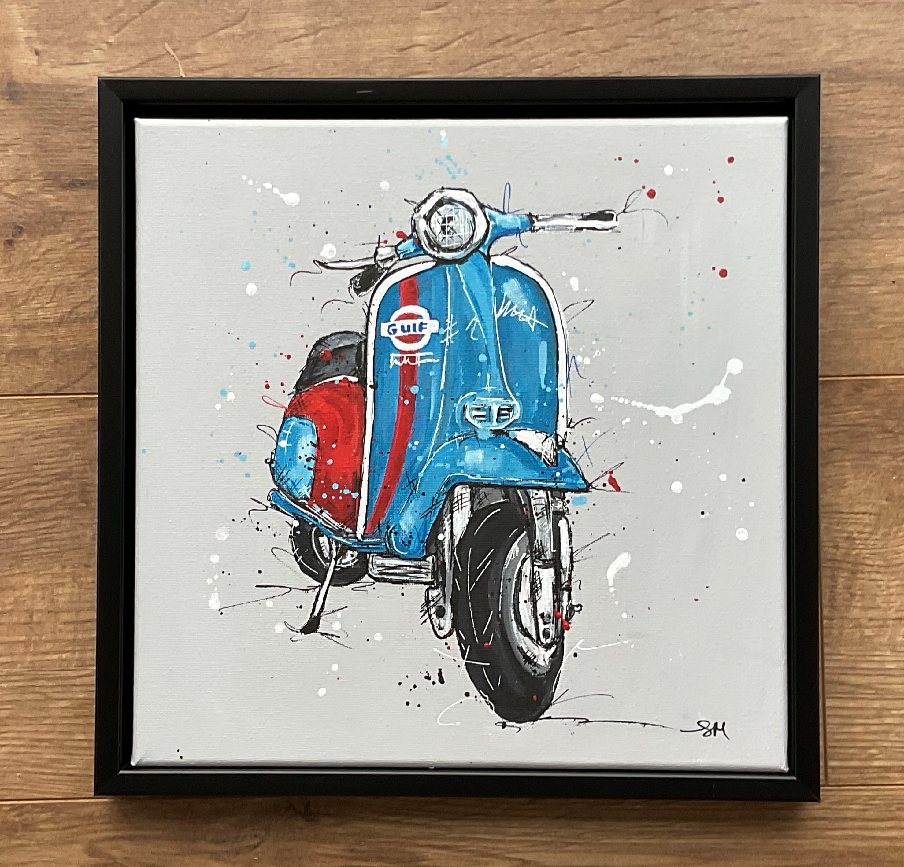 Original painting on canvas. Blue scooter in black 30cm frame