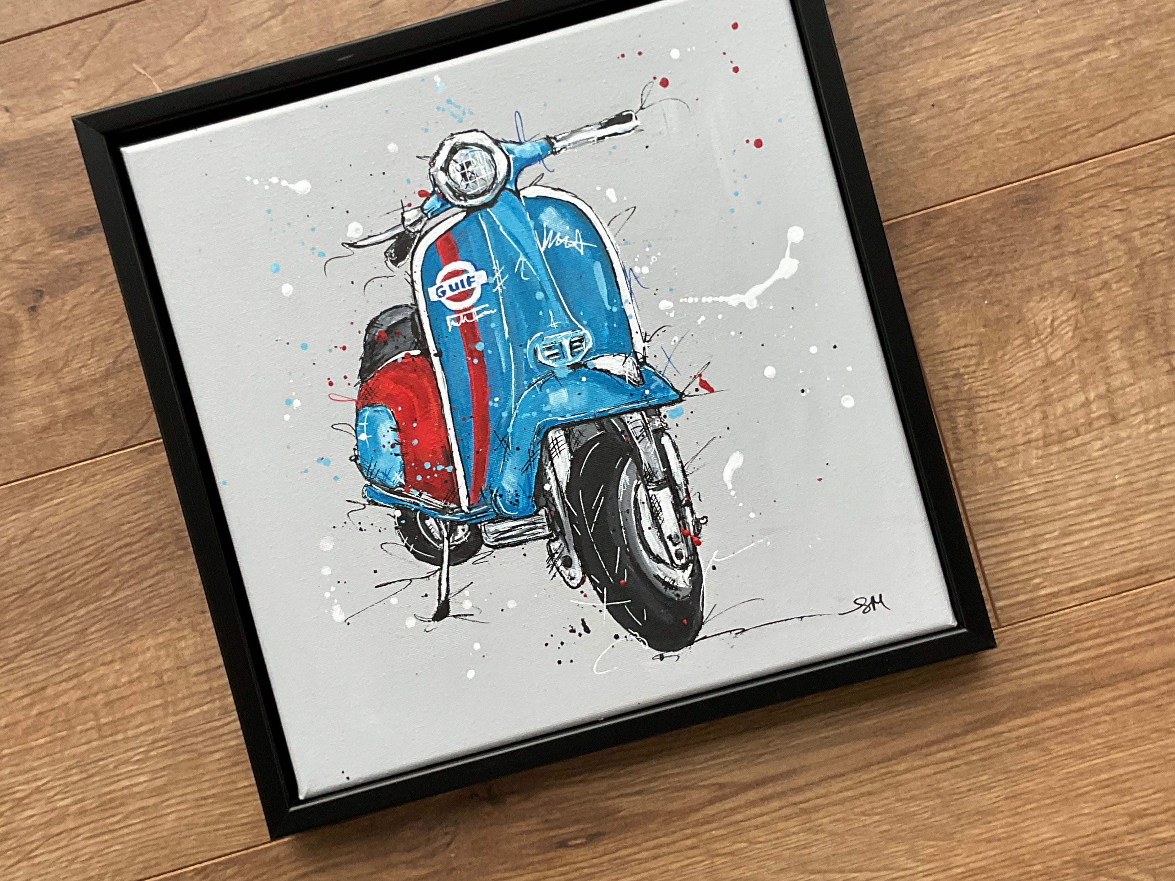 Original painting on canvas. Blue scooter in black 30cm frame