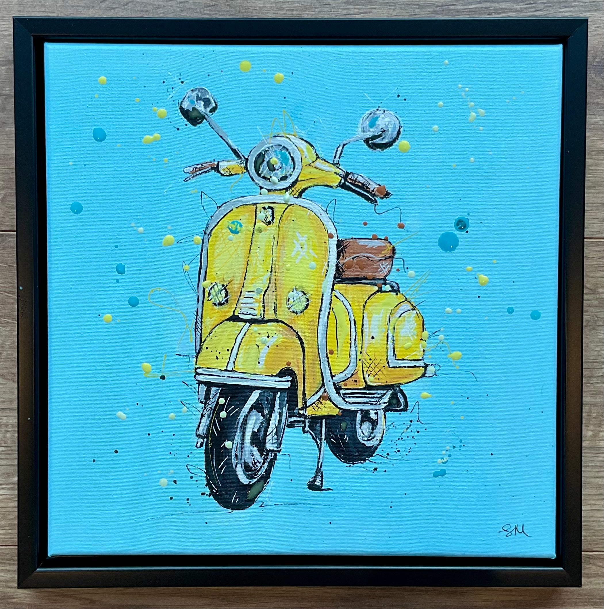 Yellow scooter original acrylic painting in black 30x30cm frame