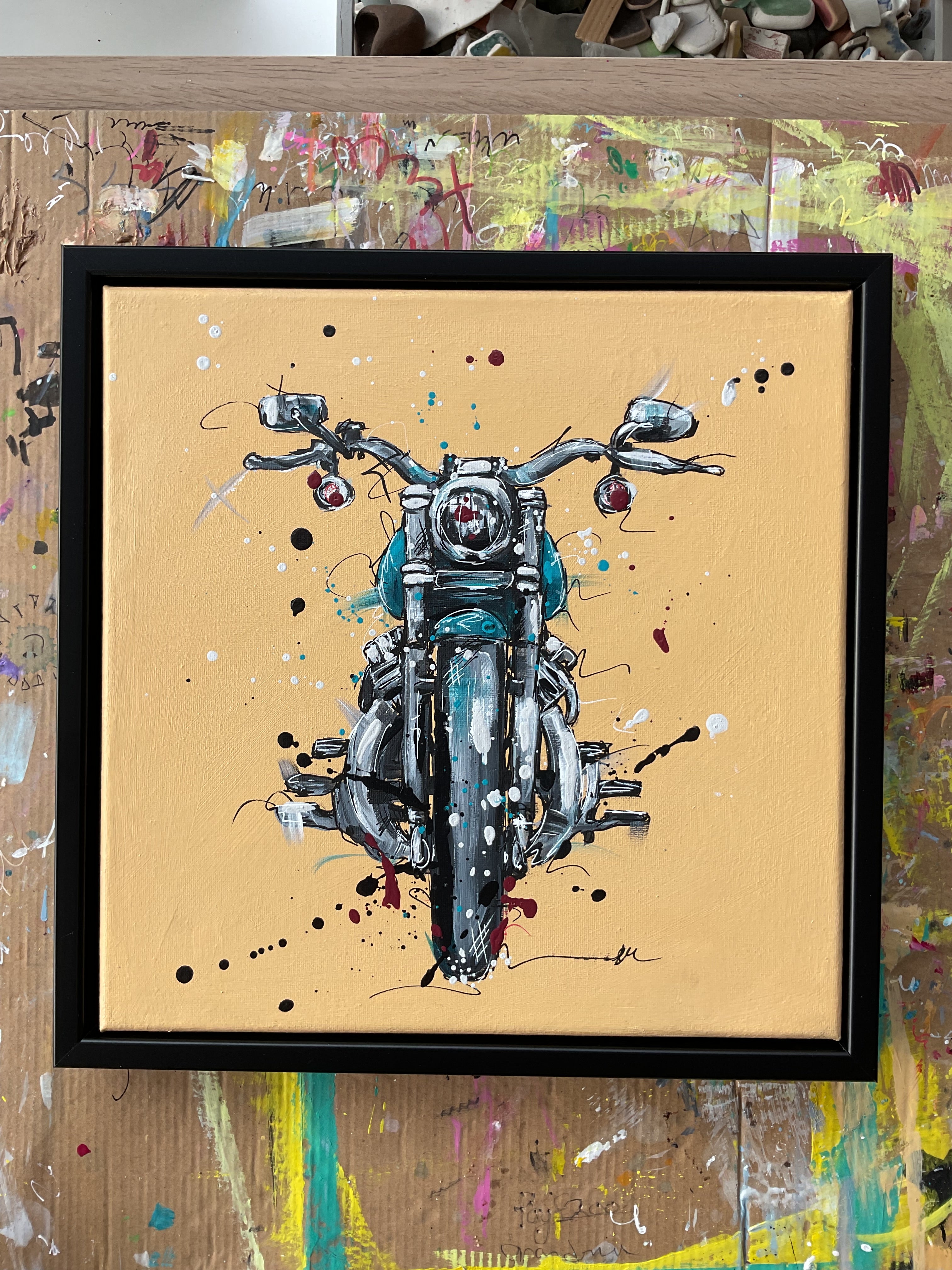 Motorbike acrylic painting in a black 30x30cm frame