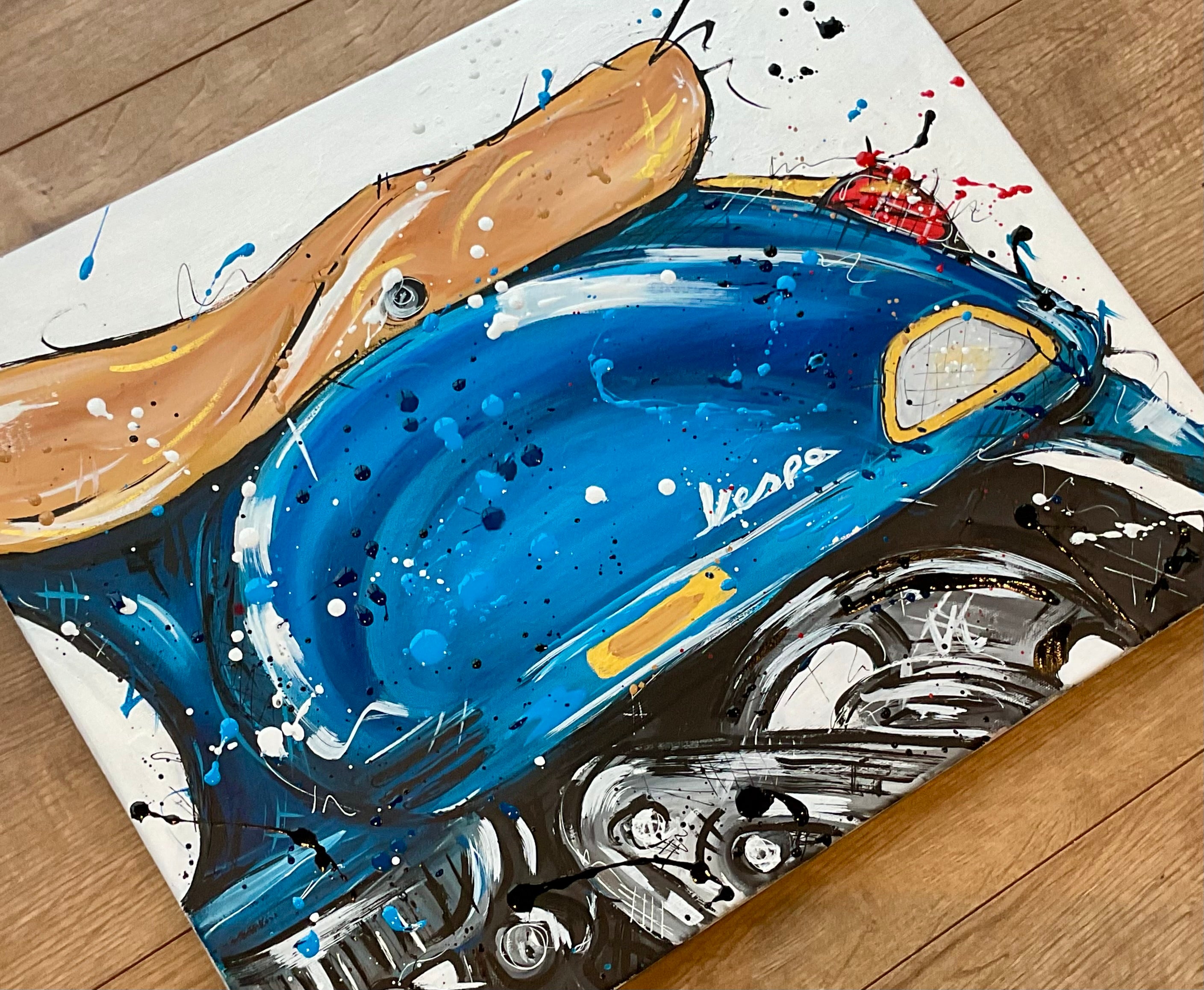 Blue Vespa original painting on 46x56cm canvas
