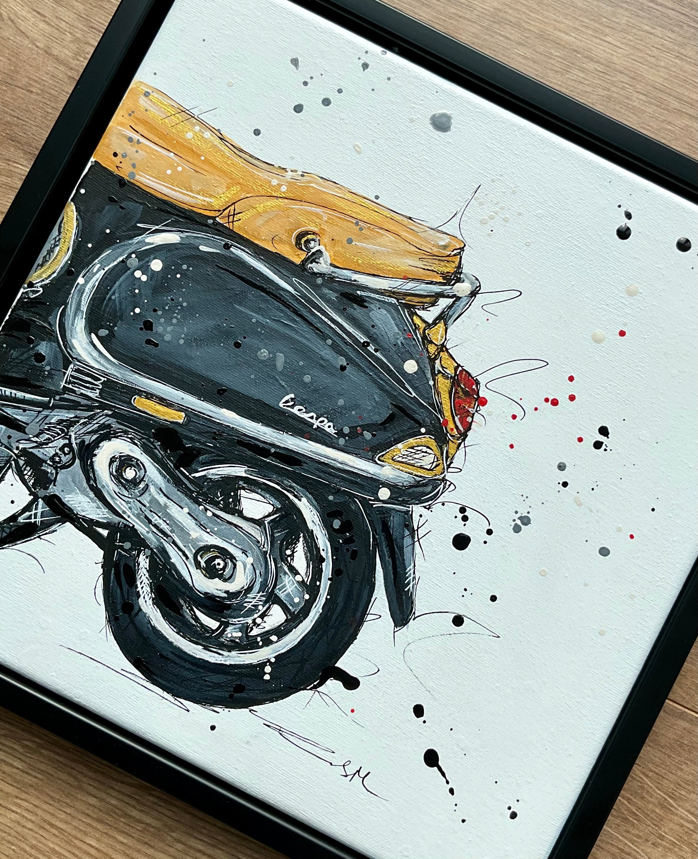Black Vespa framed acrylic painting