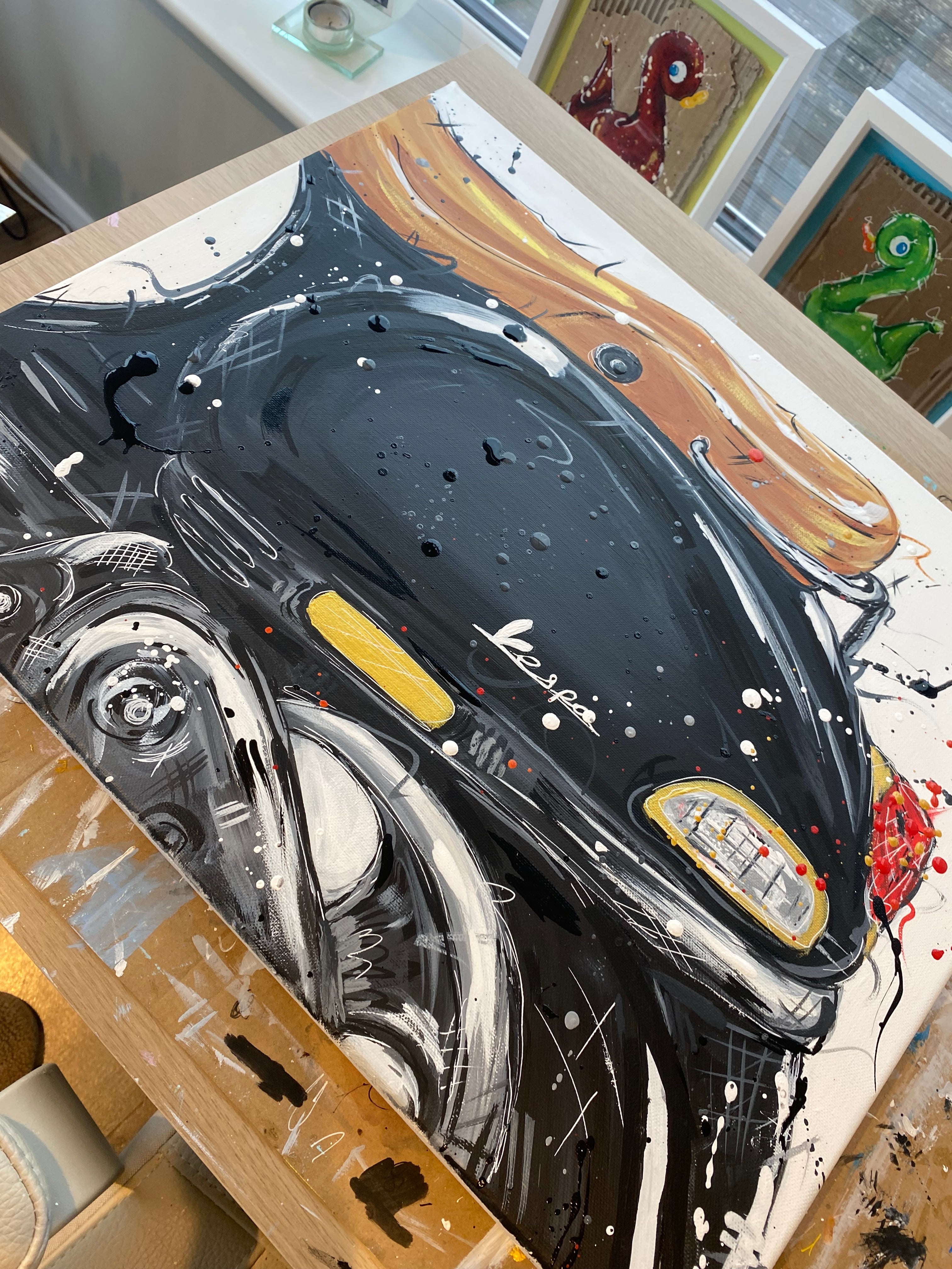 Black Vespa original painting on 46x56cm canvas