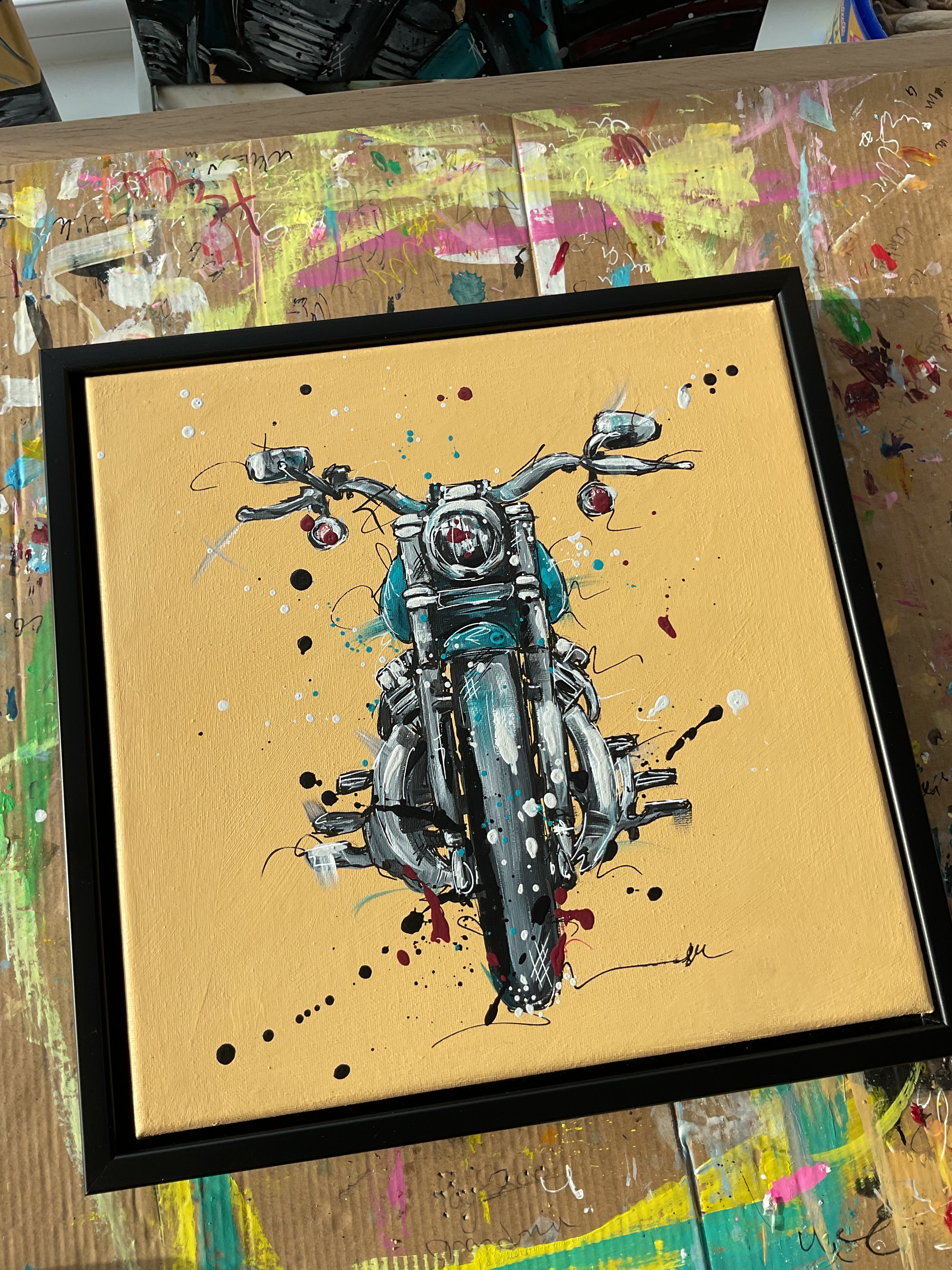 Motorbike acrylic painting in a black 30x30cm frame