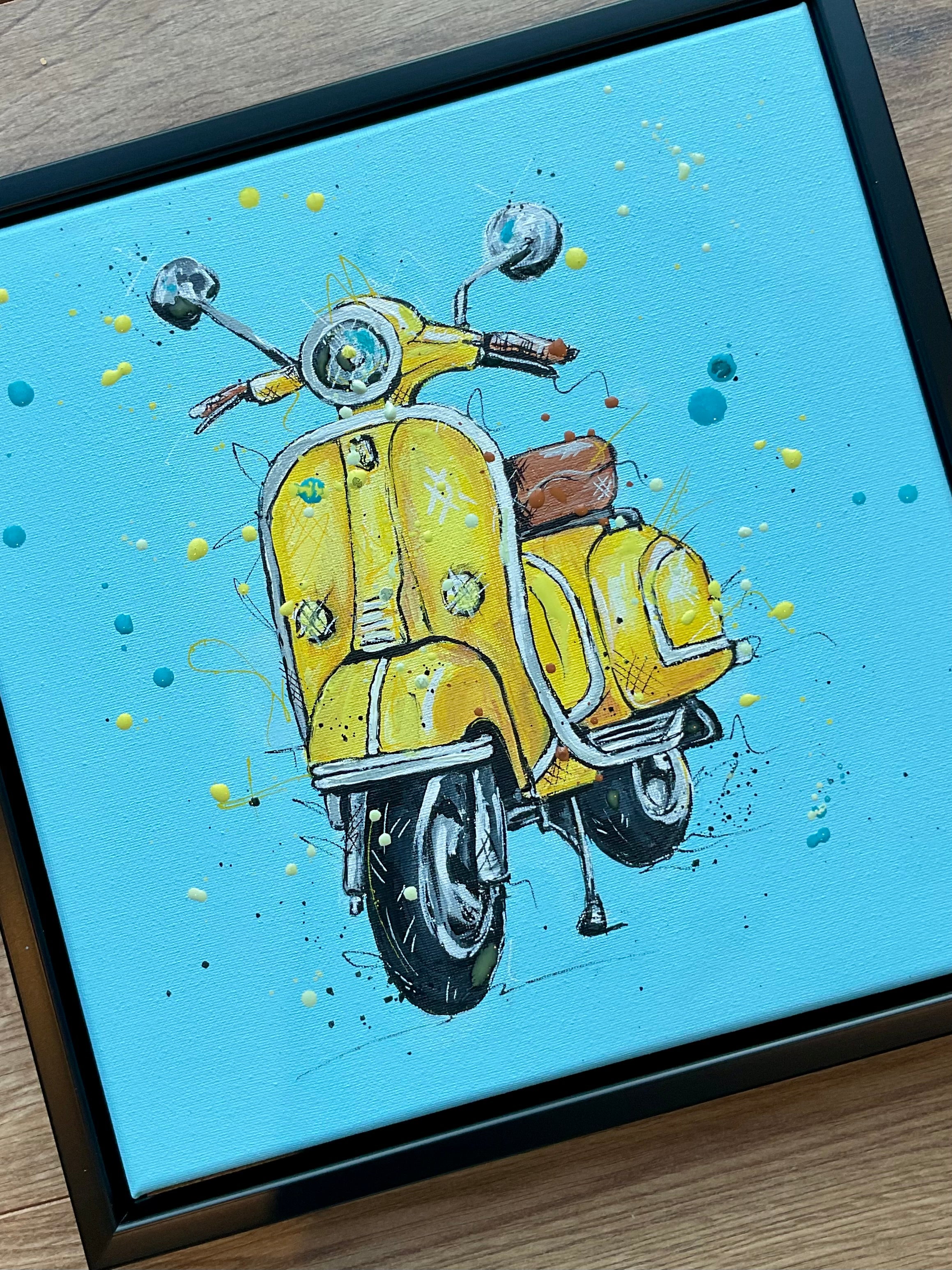 Yellow scooter original acrylic painting in black 30x30cm frame