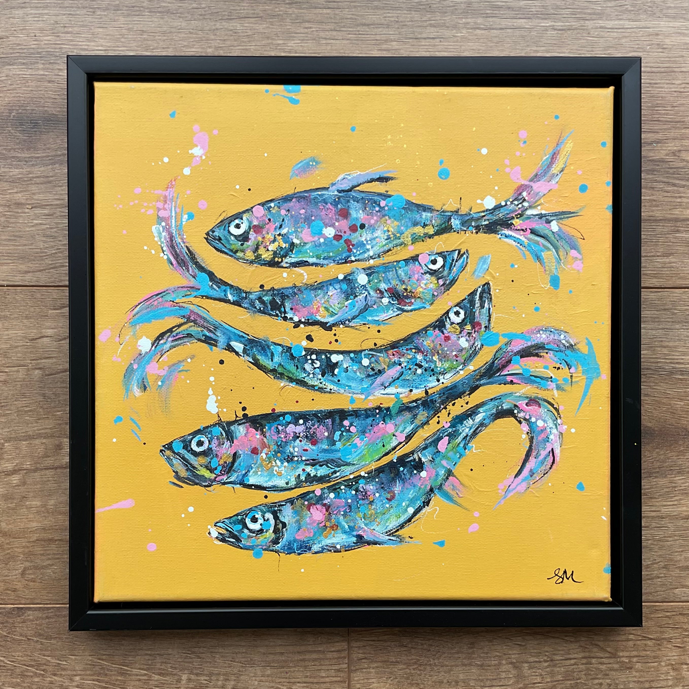 Fish on yellow framed in a black floating frame 30cm