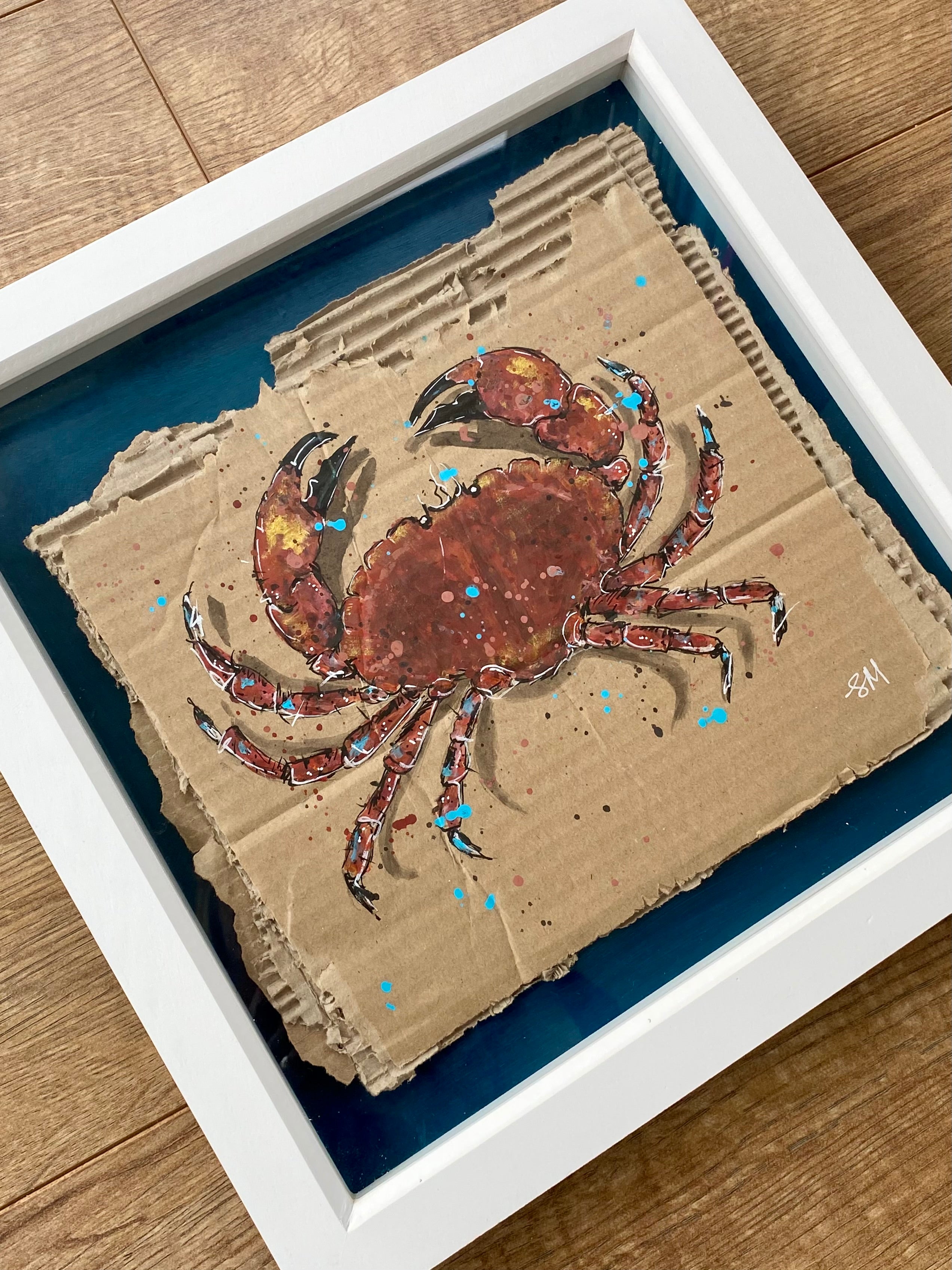 Framed crab acrylic painting in 32cm white frame