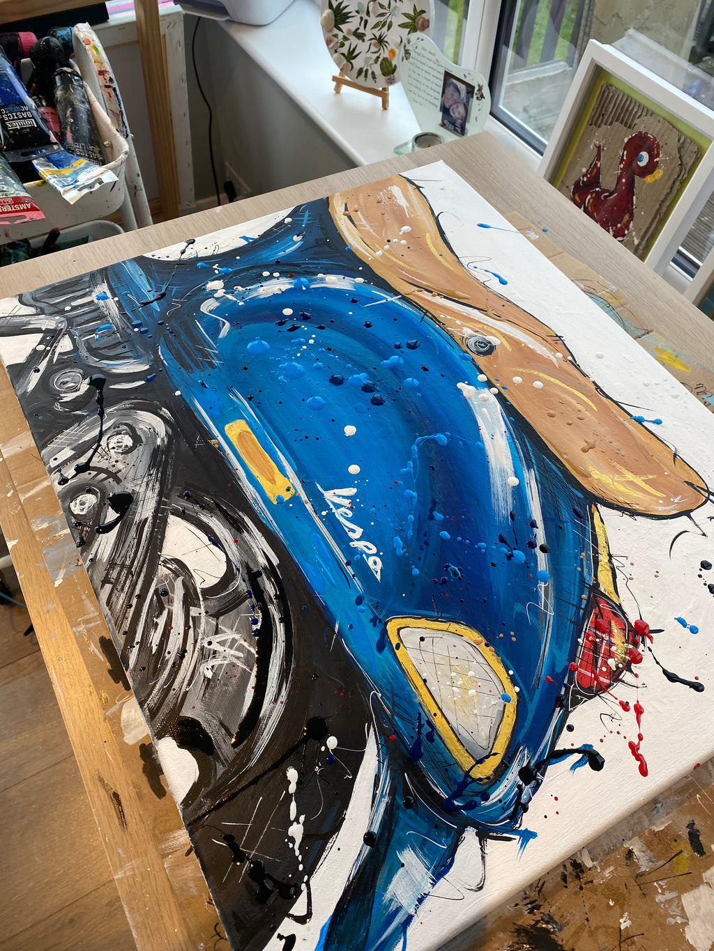 Blue Vespa original painting on 46x56cm canvas