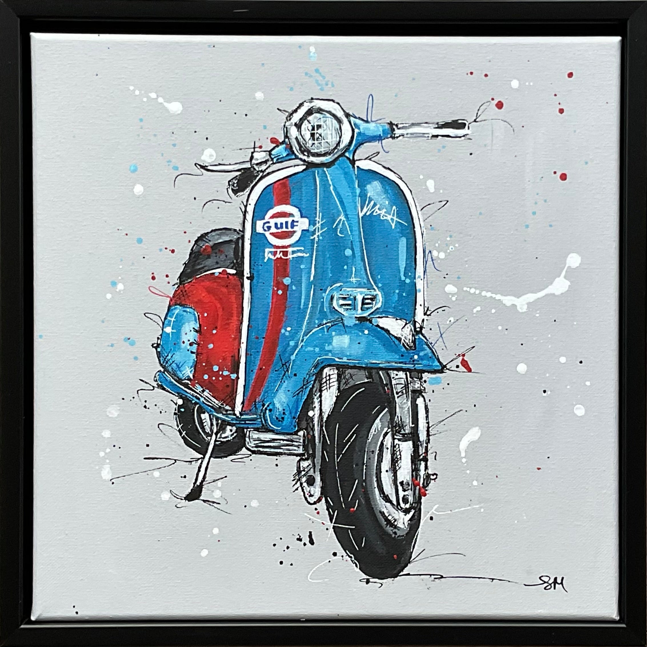 Original painting on canvas. Blue scooter in black 30cm frame