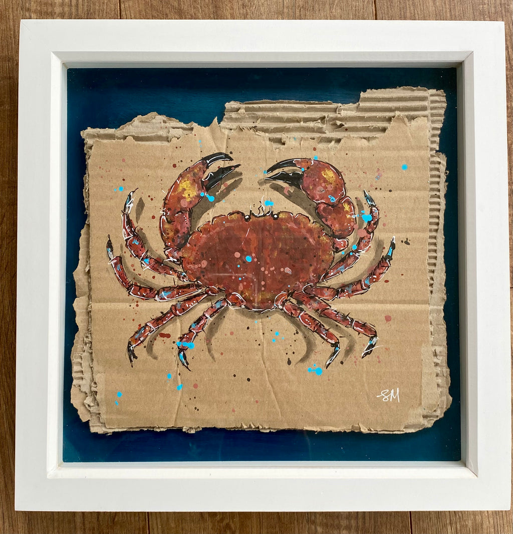 Framed crab acrylic painting in 32cm white frame
