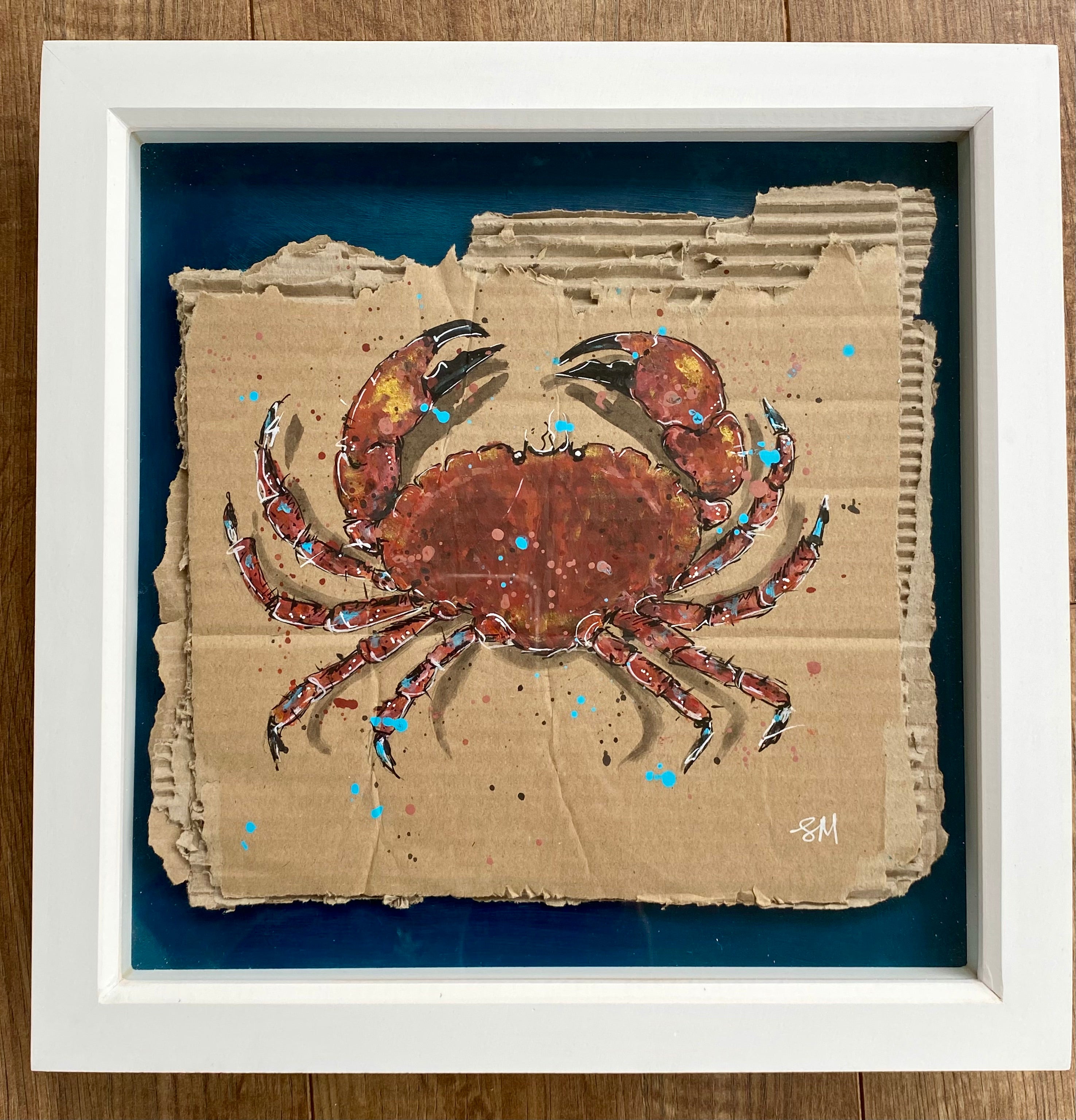Framed crab acrylic painting in 32cm white frame