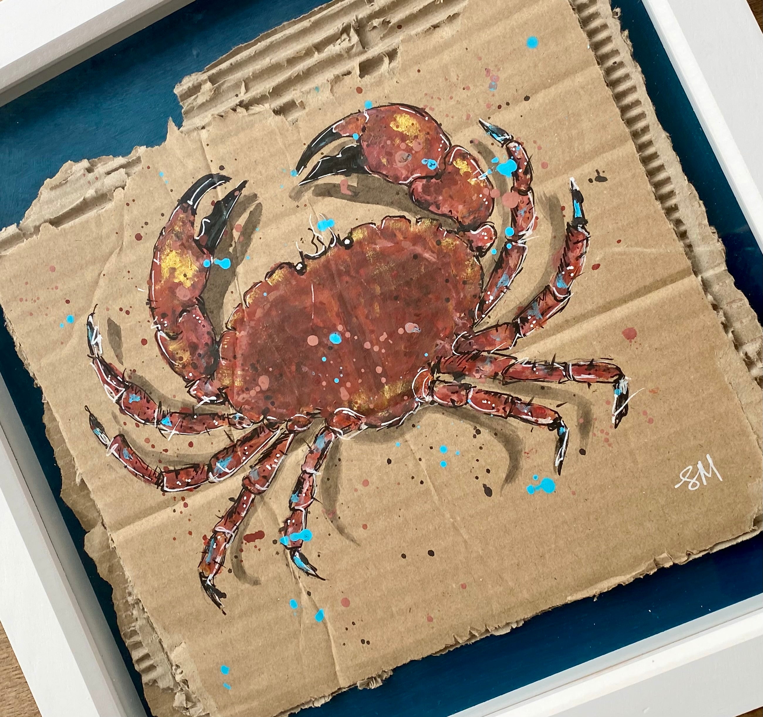 Framed crab acrylic painting in 32cm white frame