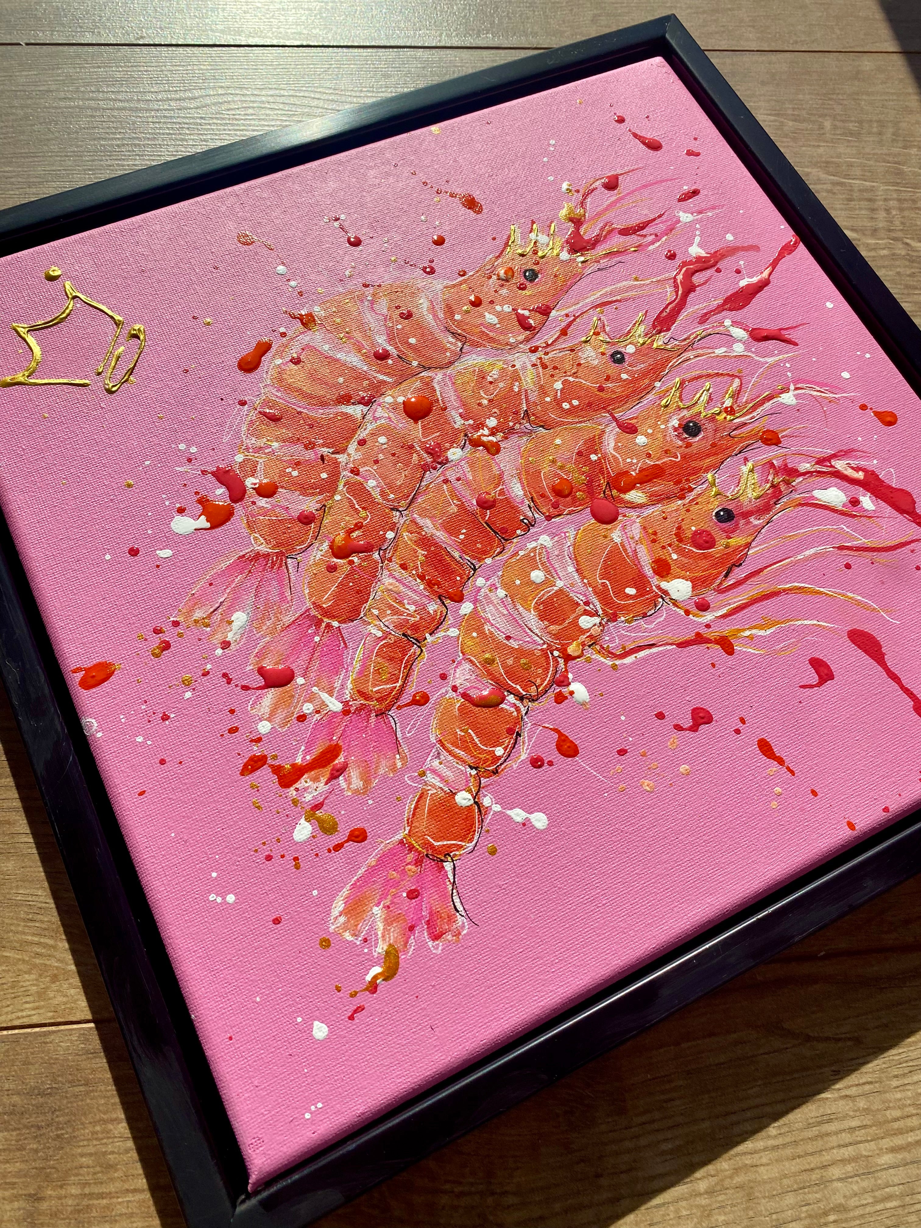 Framed king prawns on pink original painting on canvas 30cm