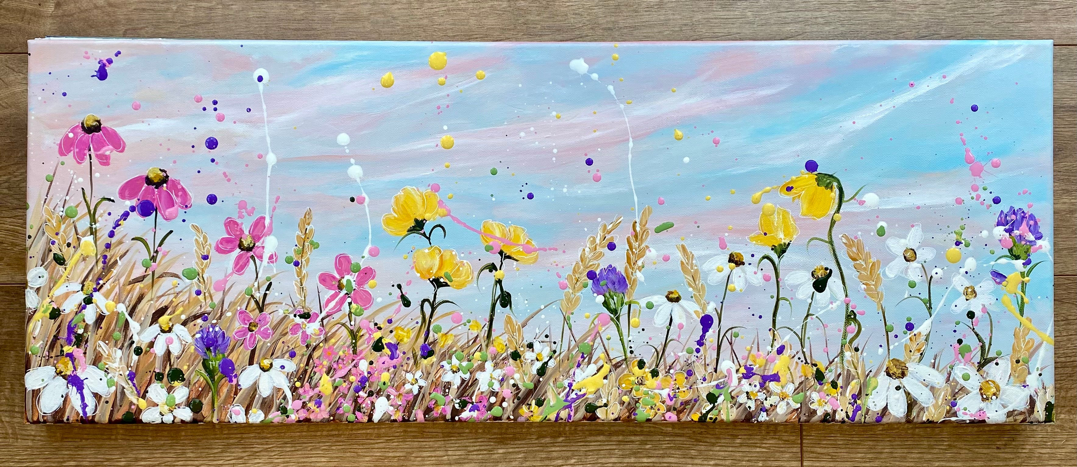 Splattery floral meadow original painting on 30x80cm canvas