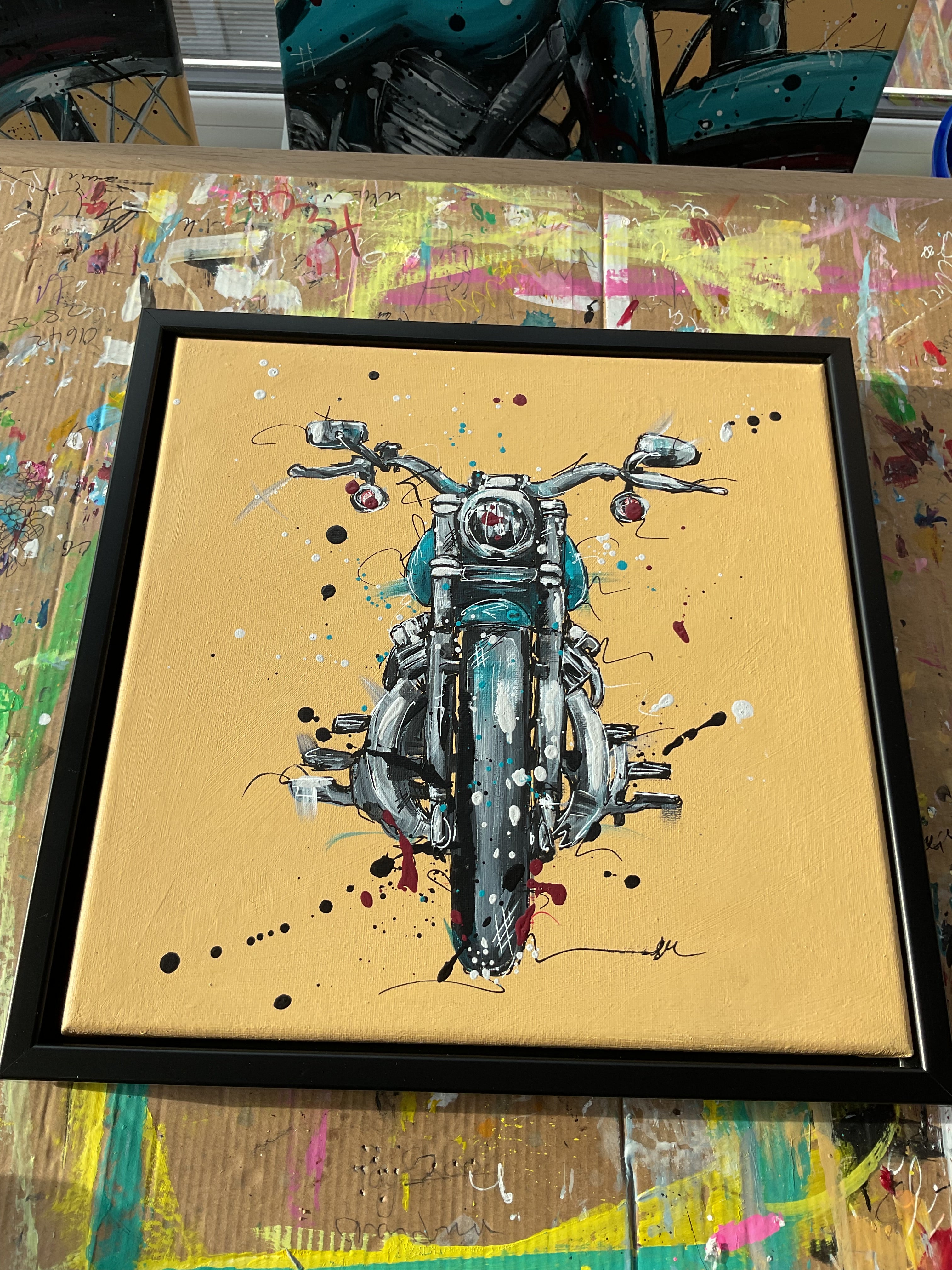 Motorbike acrylic painting in a black 30x30cm frame