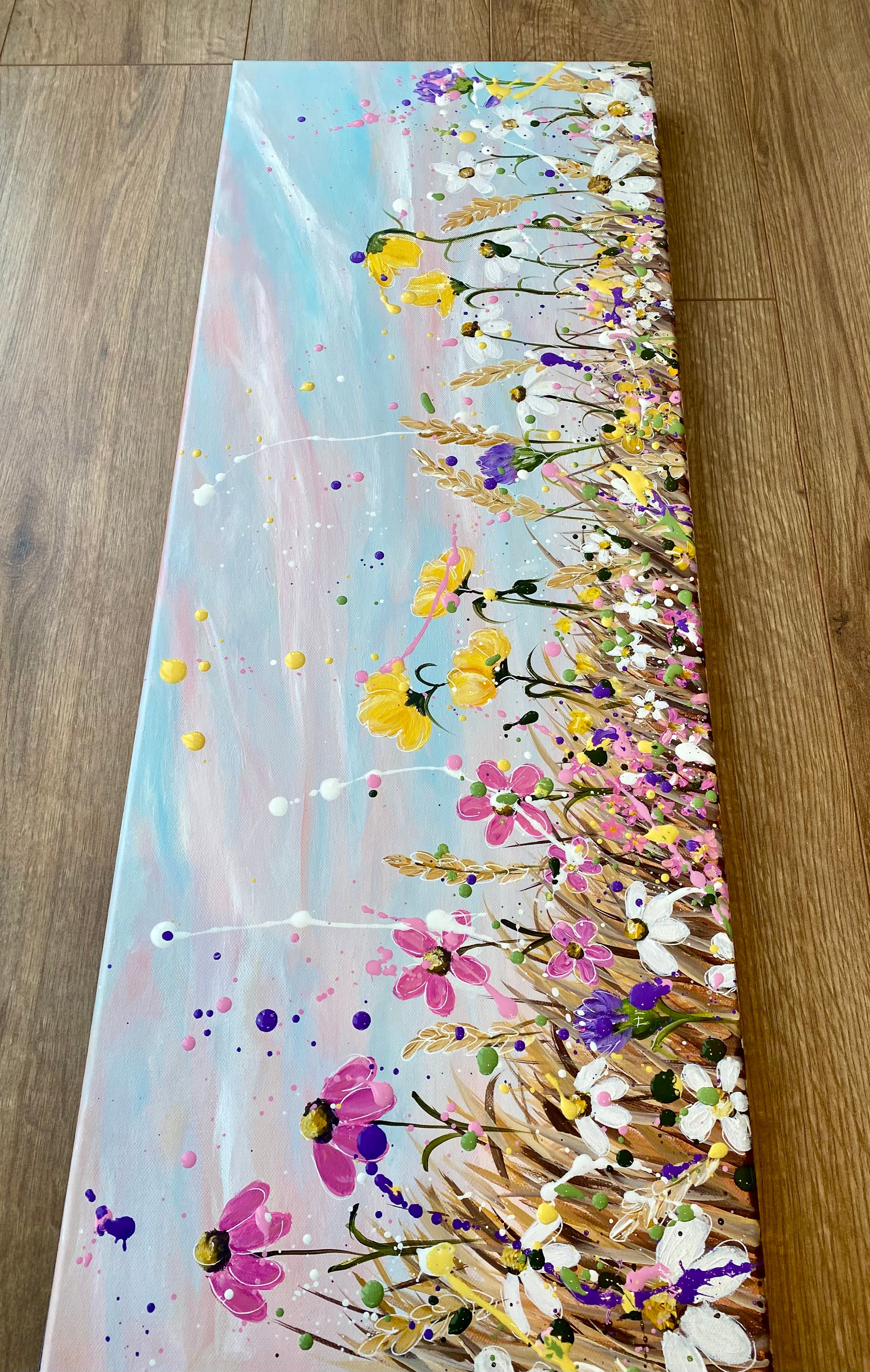 Splattery floral meadow original painting on 30x80cm canvas