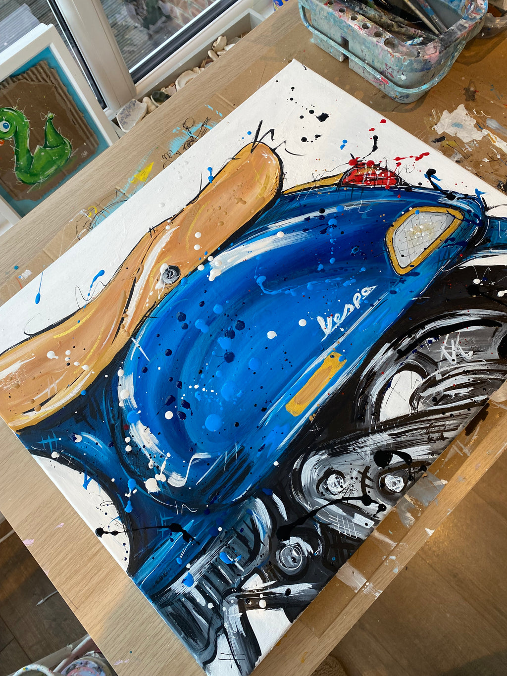 Blue Vespa original painting on 46x56cm canvas