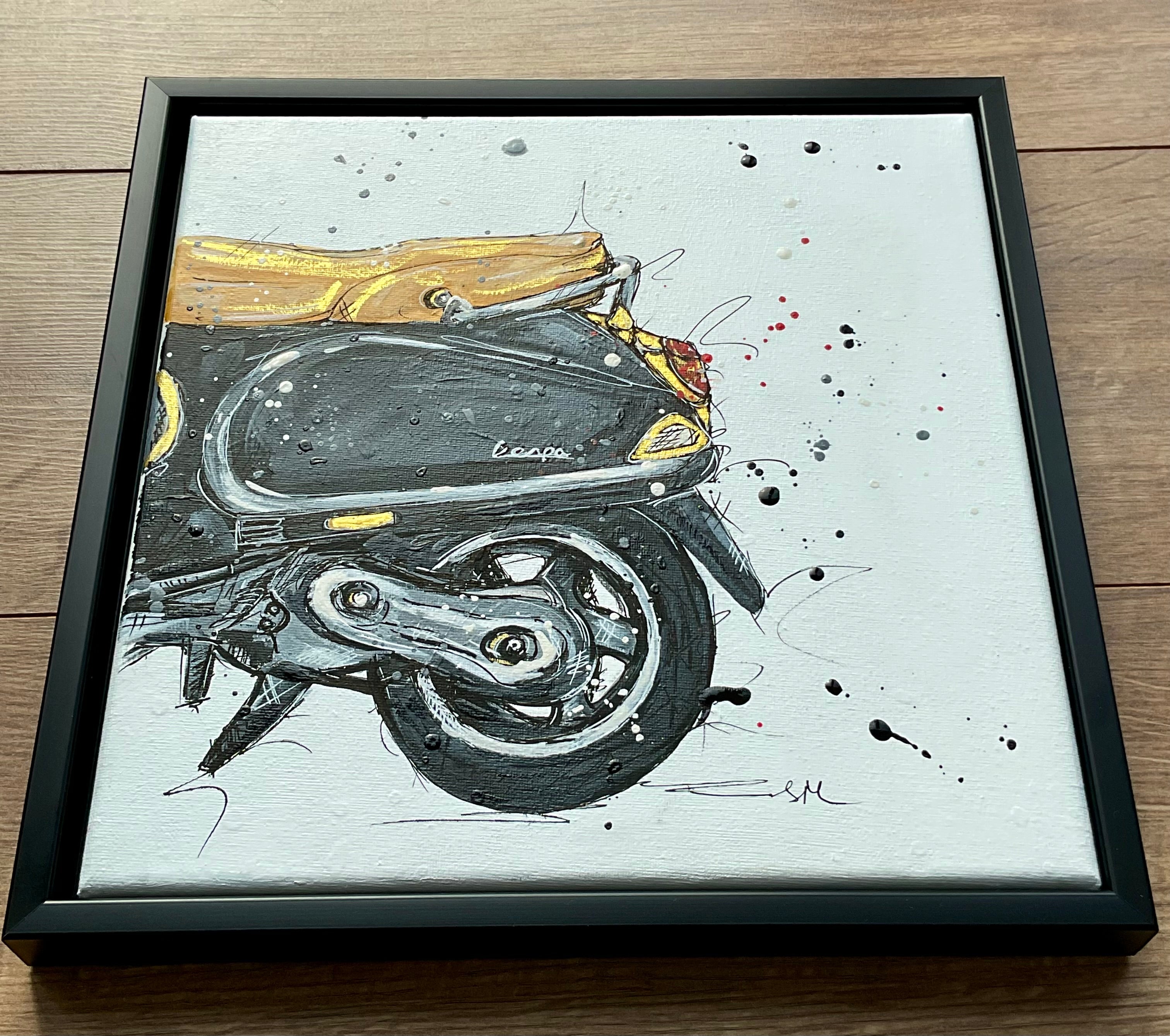 Black Vespa framed acrylic painting