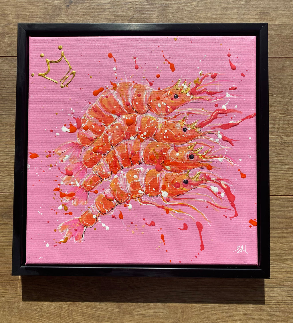 Framed king prawns on pink original painting on canvas 30cm