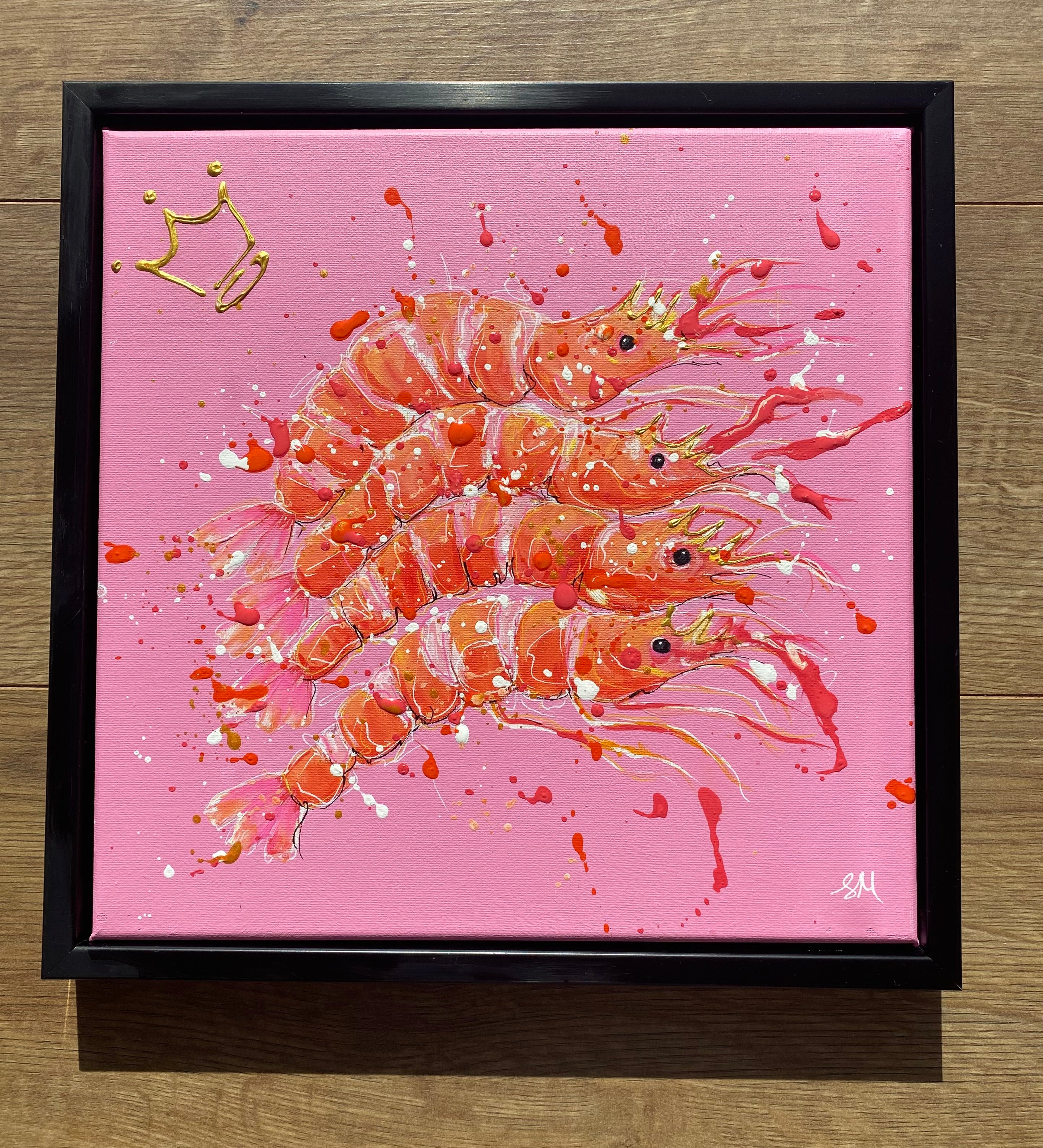Framed king prawns on pink original painting on canvas 30cm