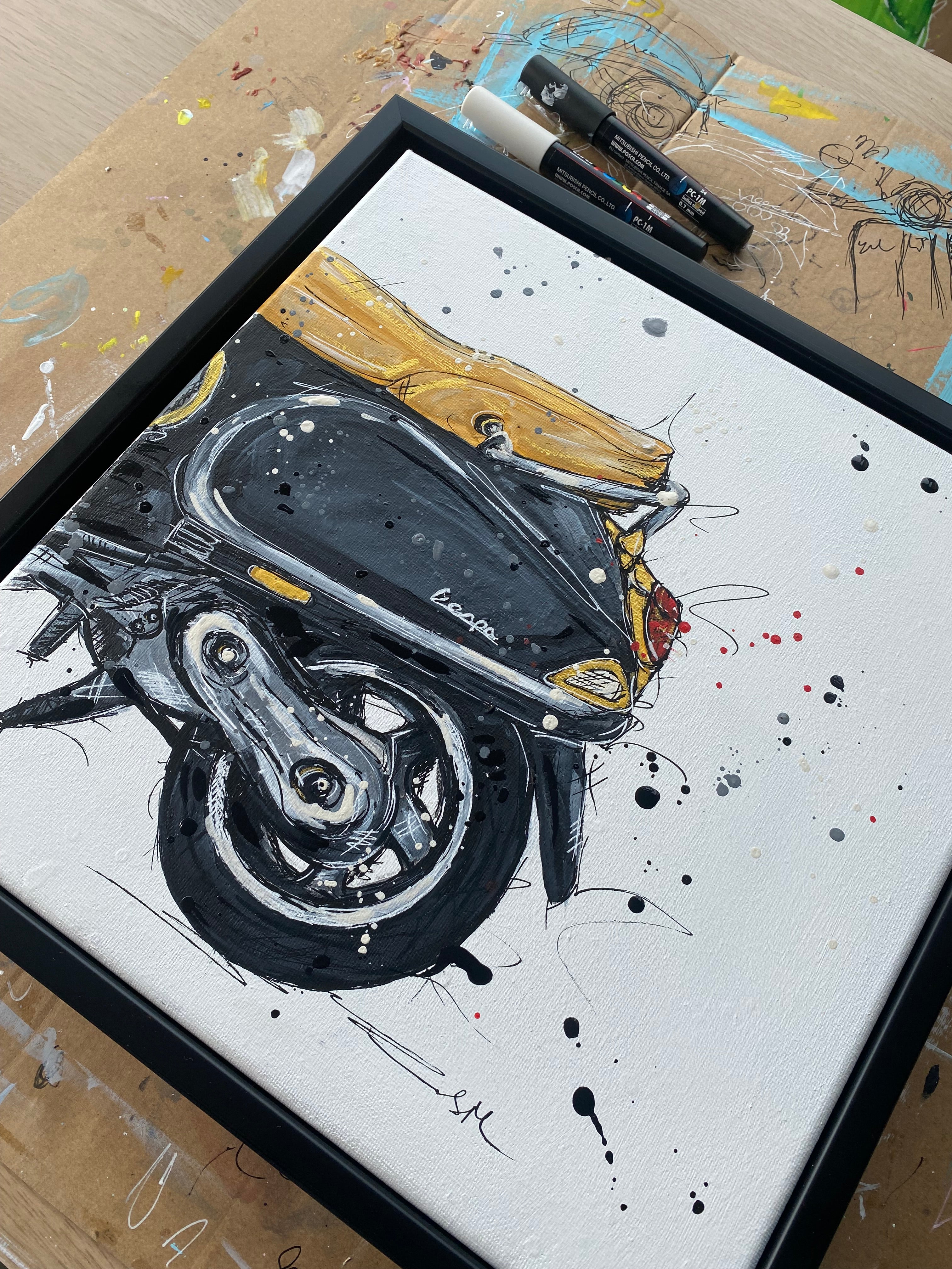 Black Vespa framed acrylic painting