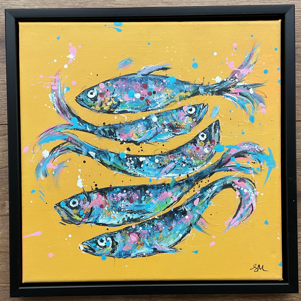 Fish on yellow framed in a black floating frame 30cm