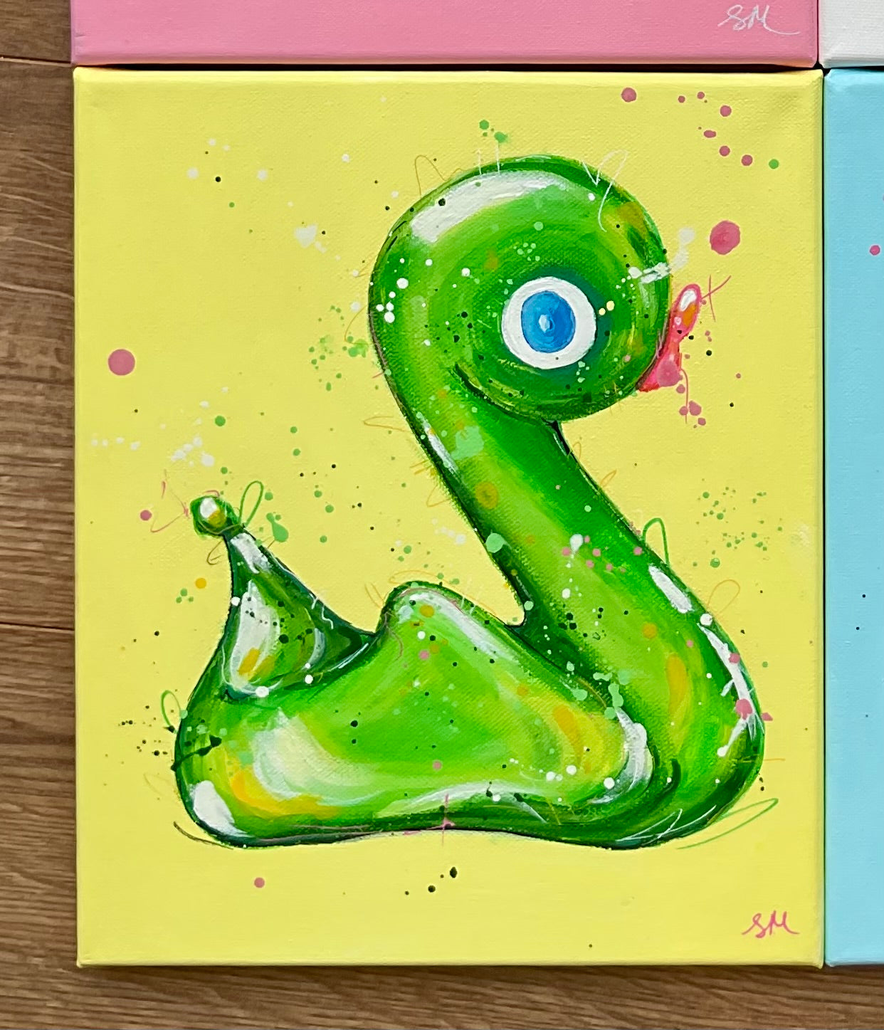 Green Lucky duck acrylic painting based on the whitby glass lucky duck. Canvas 25x30cm