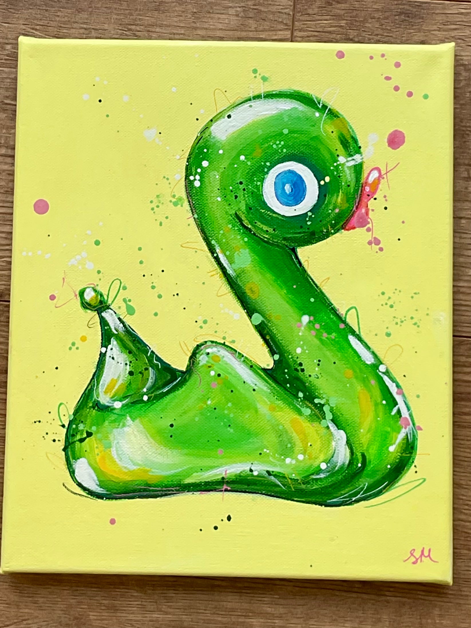 Green Lucky duck acrylic painting based on the whitby glass lucky duck. Canvas 25x30cm