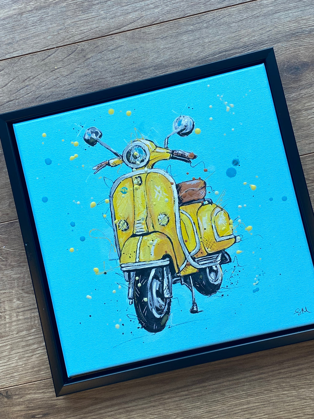 Yellow scooter original acrylic painting in black 30x30cm frame