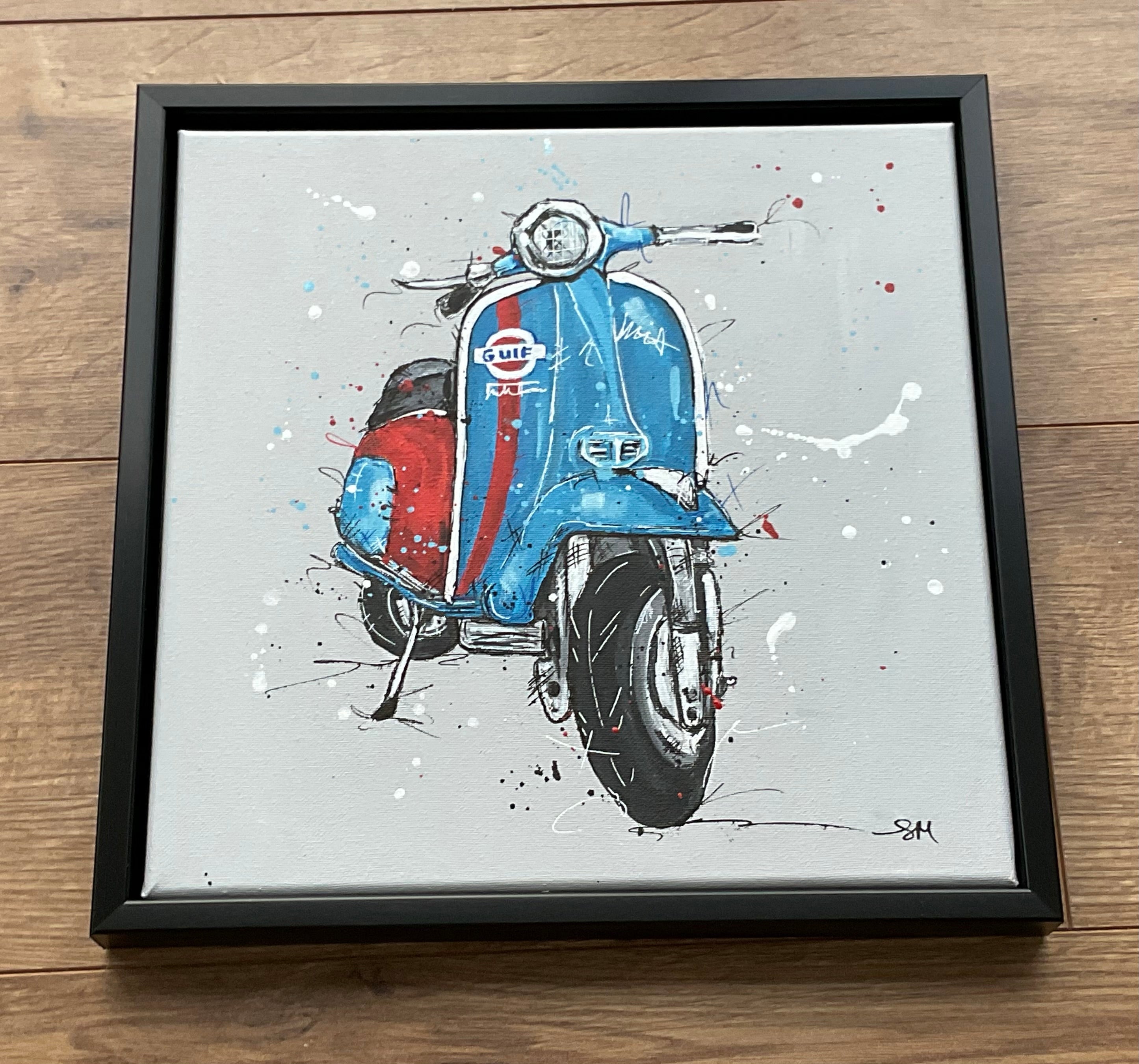 Original painting on canvas. Blue scooter in black 30cm frame