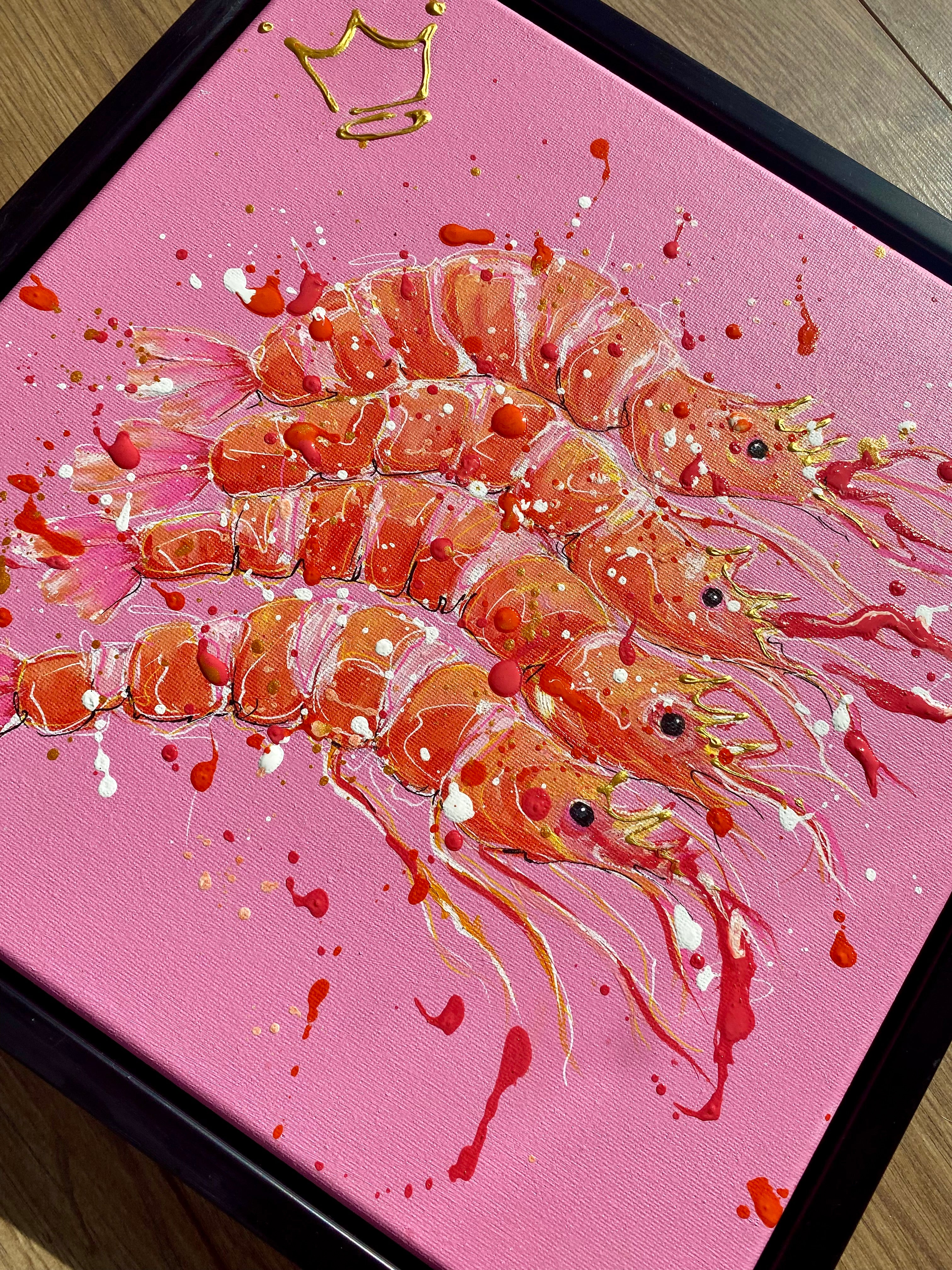 Framed king prawns on pink original painting on canvas 30cm