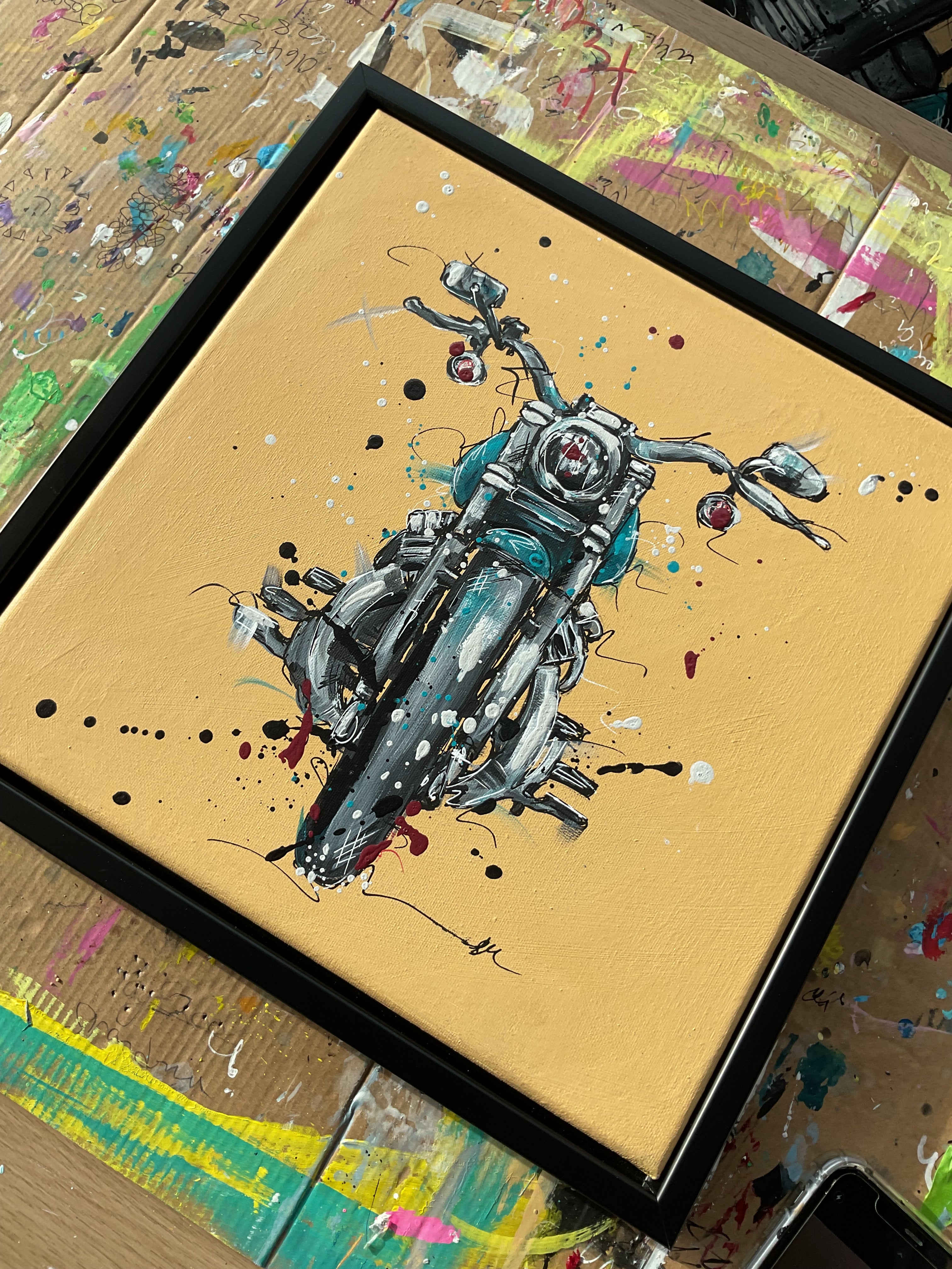 Motorbike acrylic painting in a black 30x30cm frame