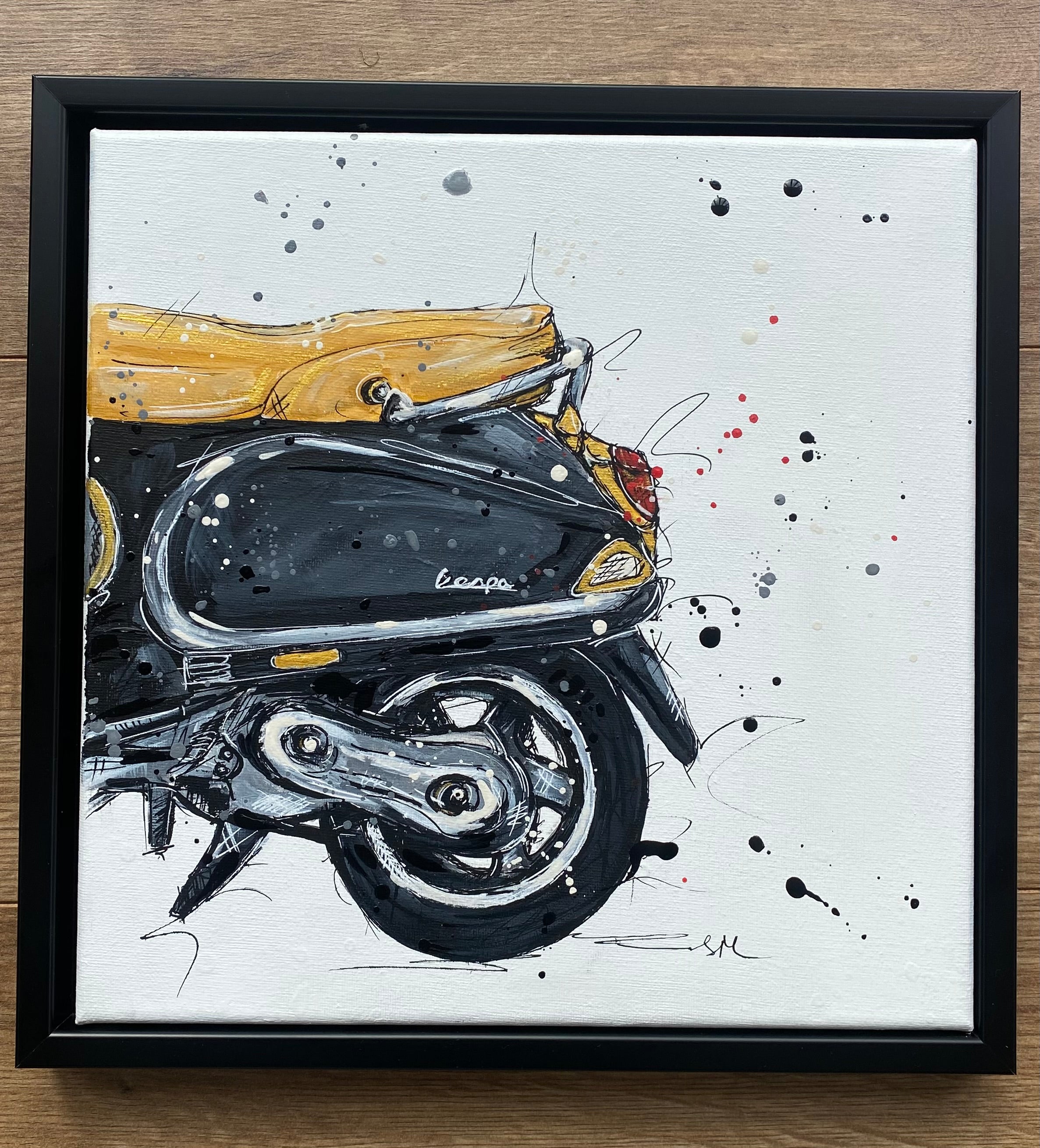 Black Vespa framed acrylic painting