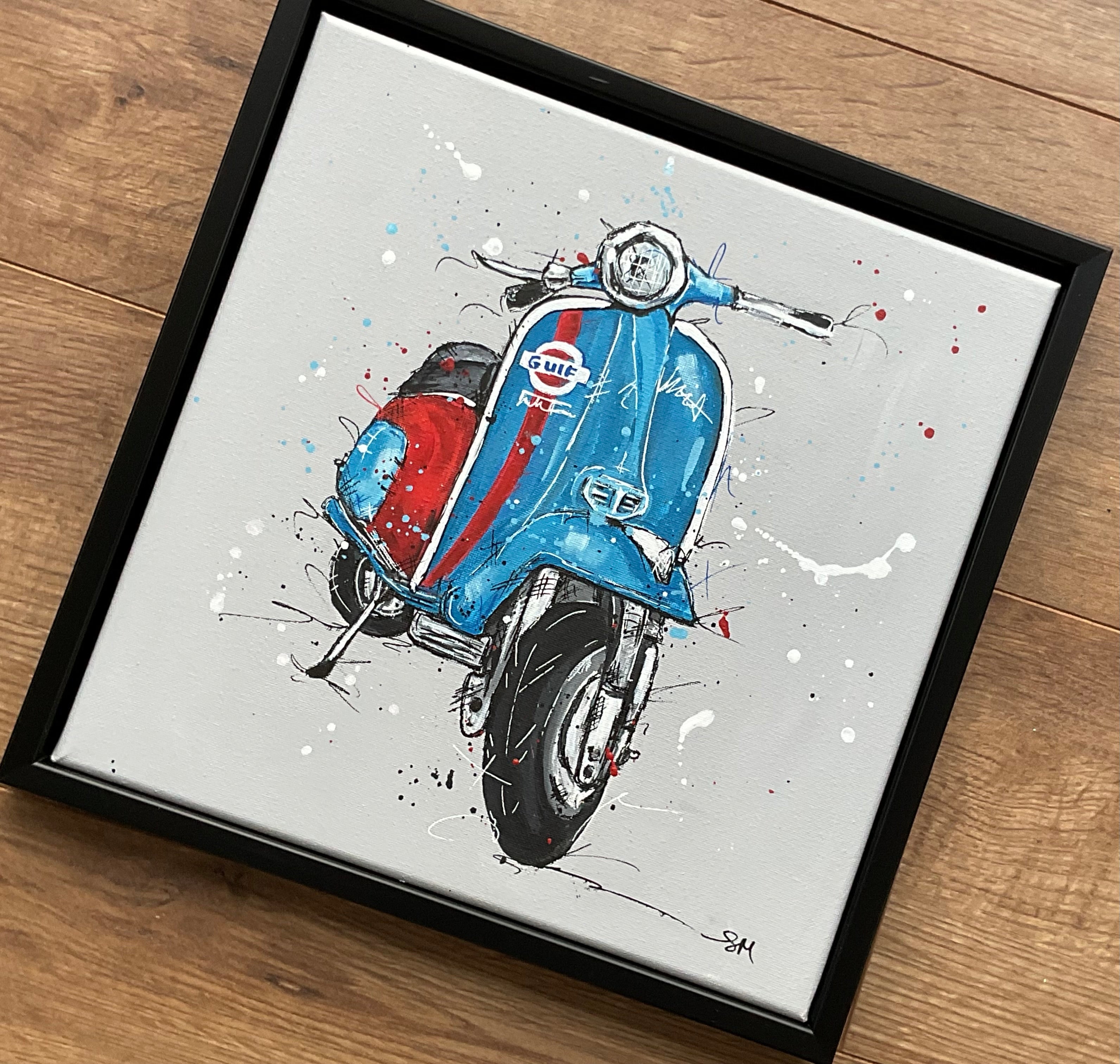 Original painting on canvas. Blue scooter in black 30cm frame