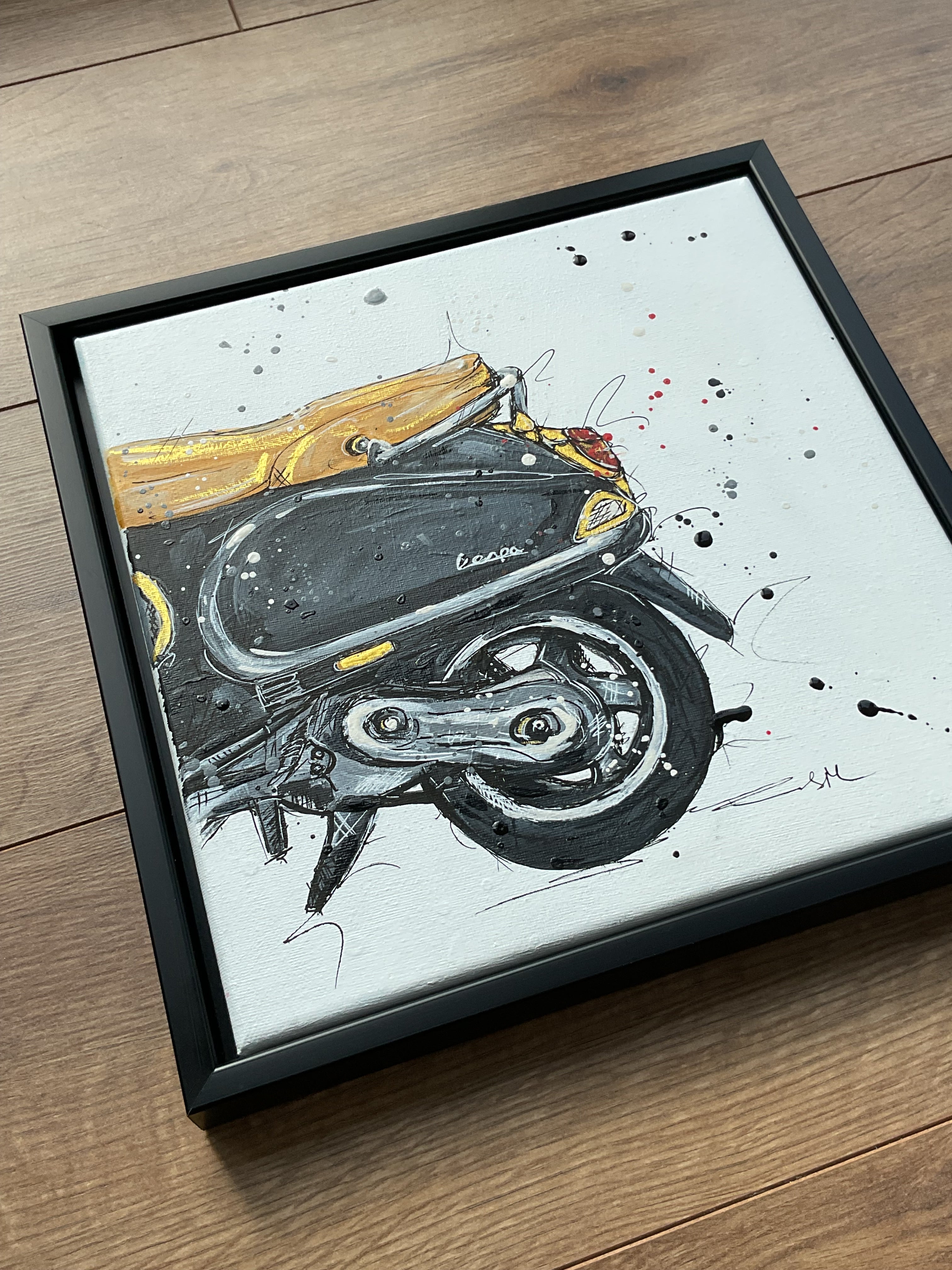Black Vespa framed acrylic painting