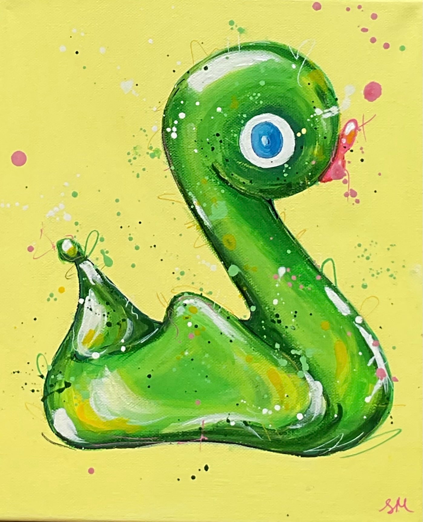 Green Lucky duck acrylic painting based on the whitby glass lucky duck. Canvas 25x30cm