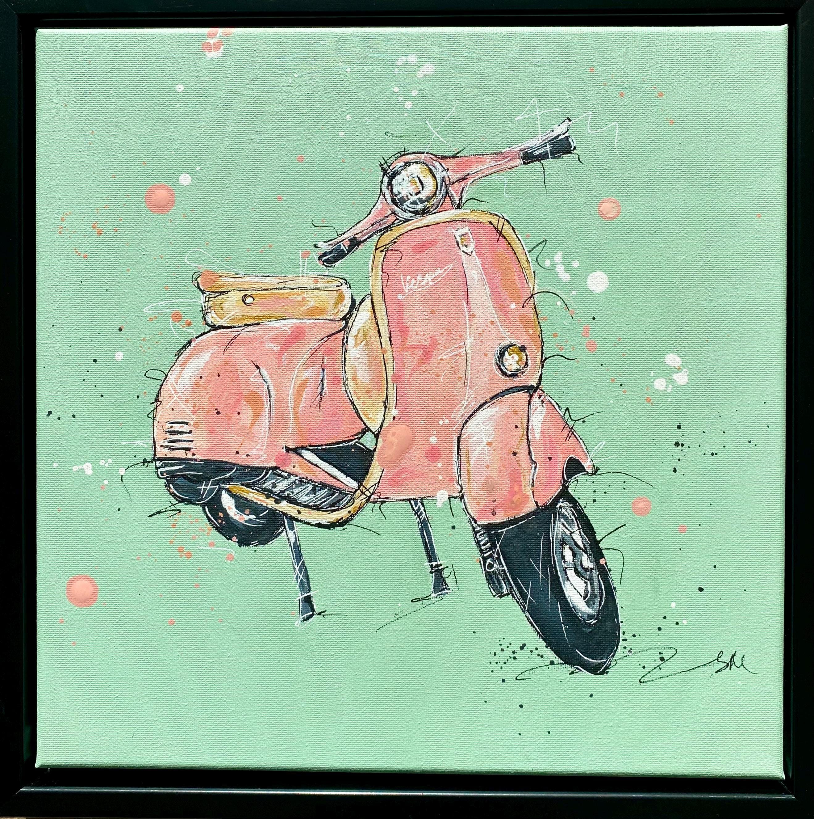 Pink scooter on sage green original painting in black frame