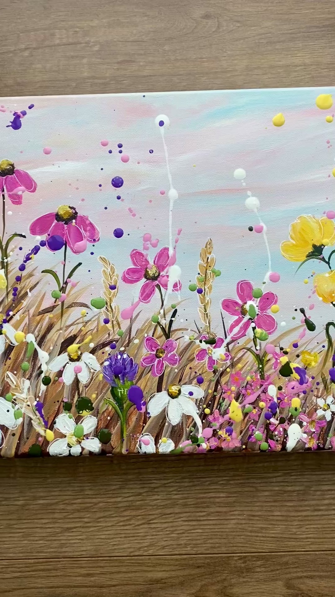 Splattery floral meadow original painting on 30x80cm canvas